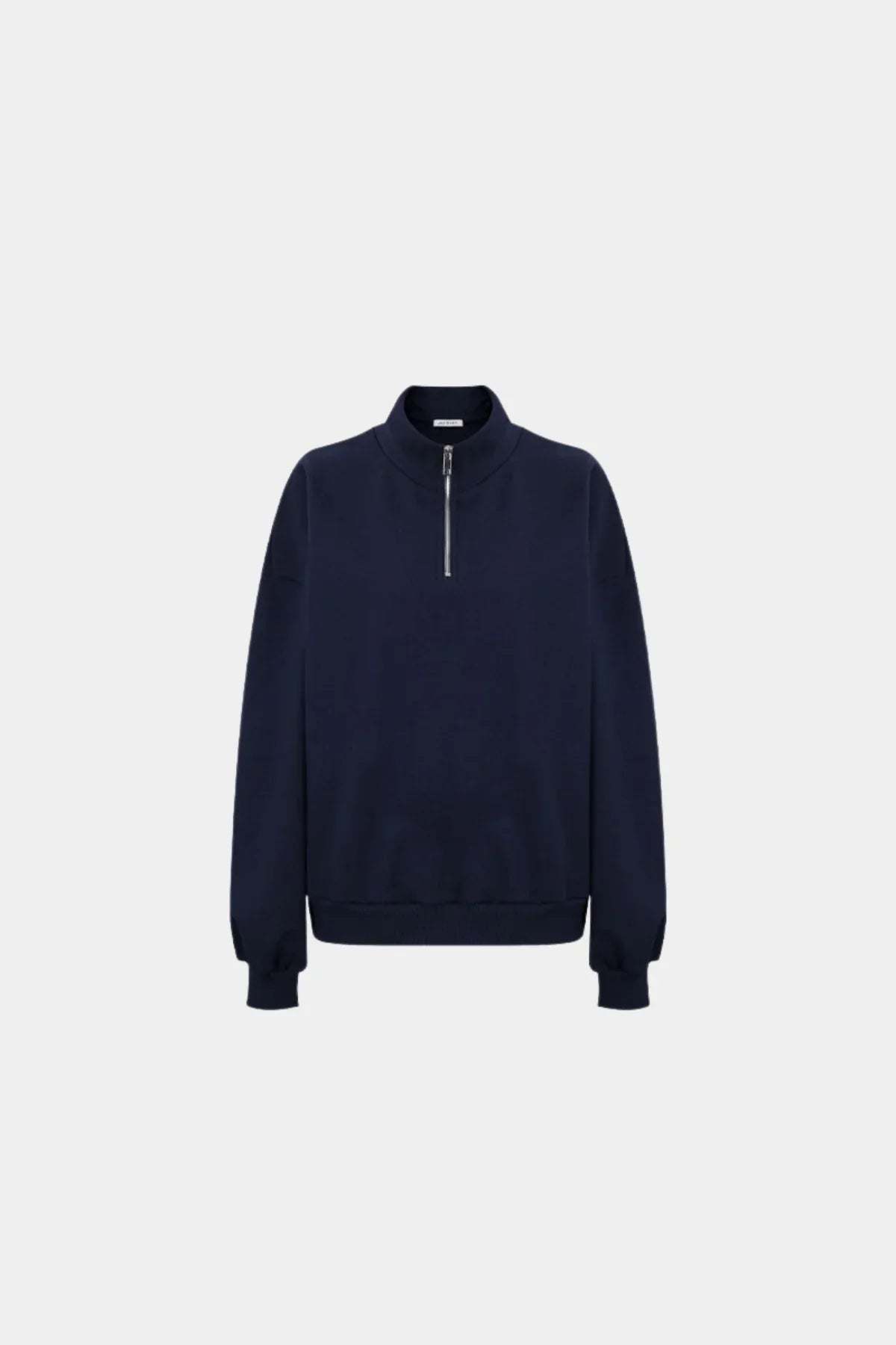 Navy blue half-zip sweatshirt with ribbed cuffs and waistband on plain background