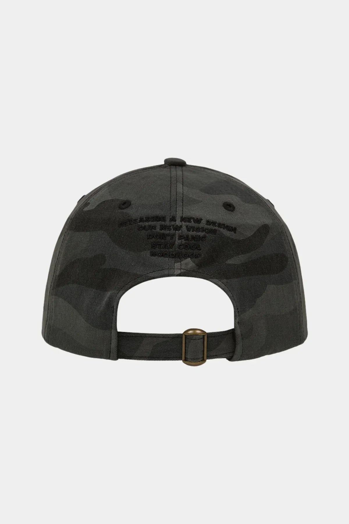 Back view of grey camo ball cap with adjustable strap and embroidered text on fabric