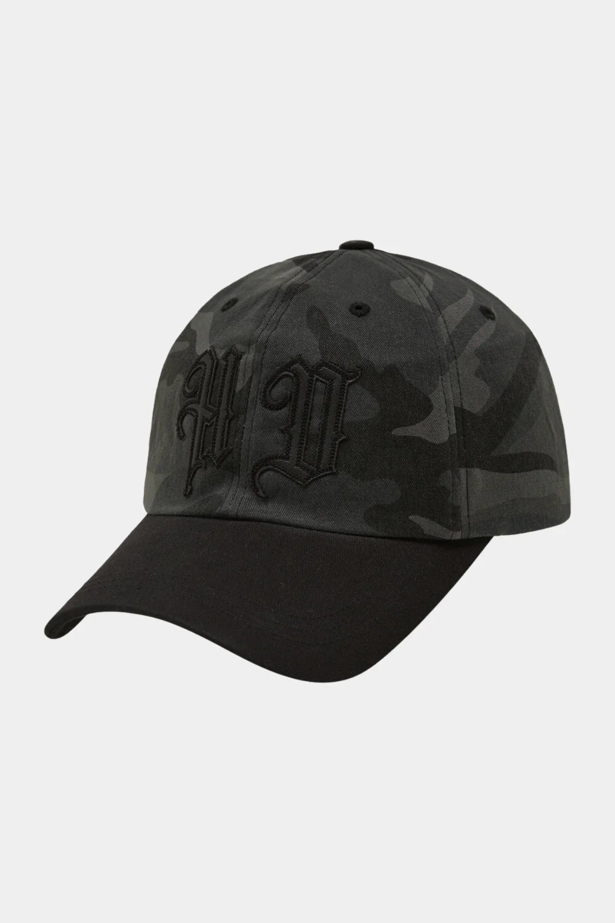 Grey camouflage baseball cap with black curved brim and black embroidered Gothic letters PV