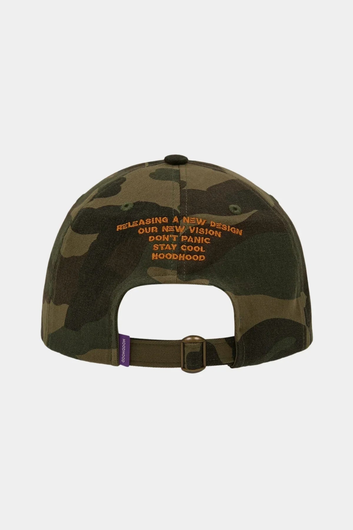 Back view of a khaki camo ball cap with orange embroidered text and adjustable strap with metal buckle
