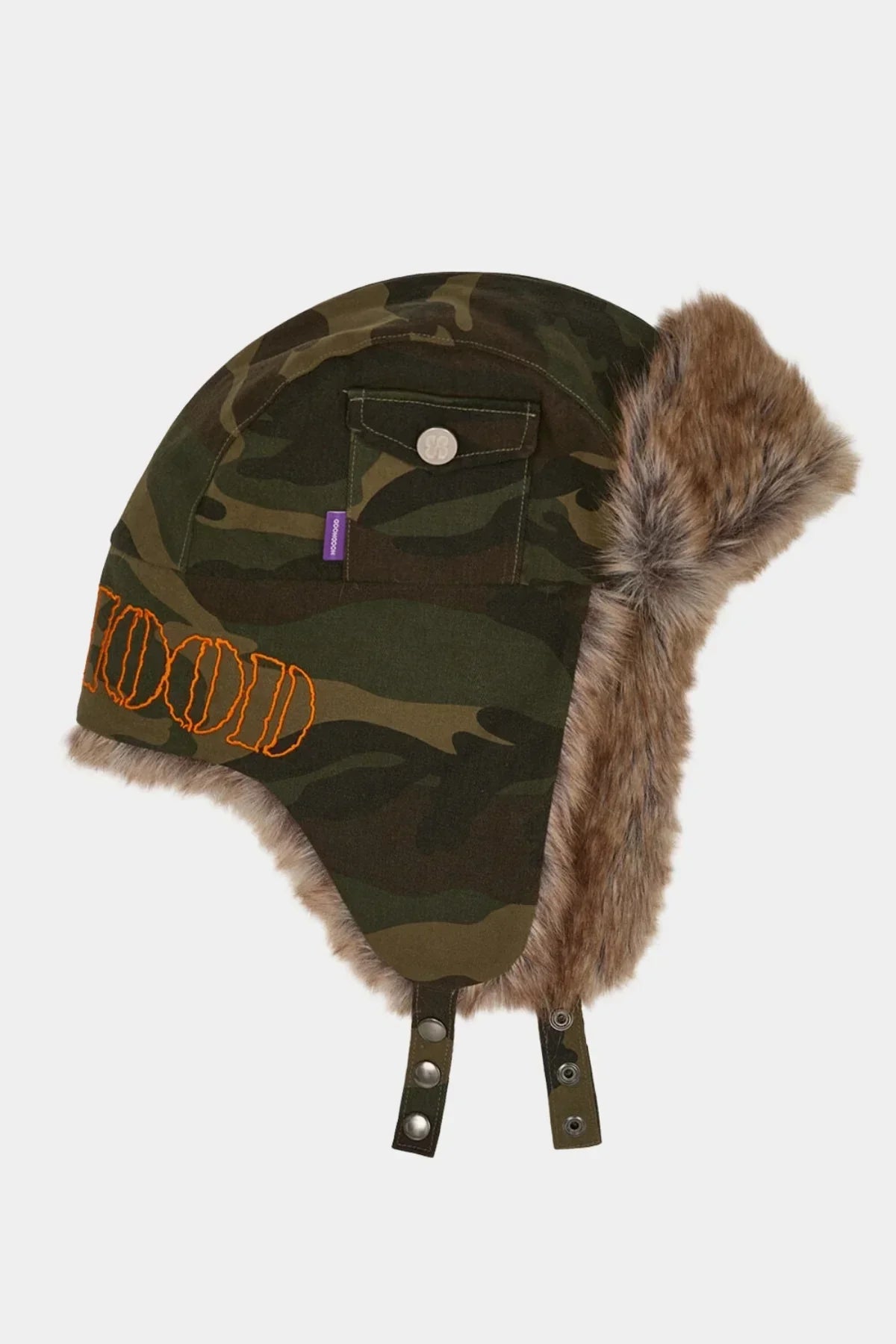 Camo fur trooper hat with orange embroidery, pocket with snap button, and adjustable chin straps