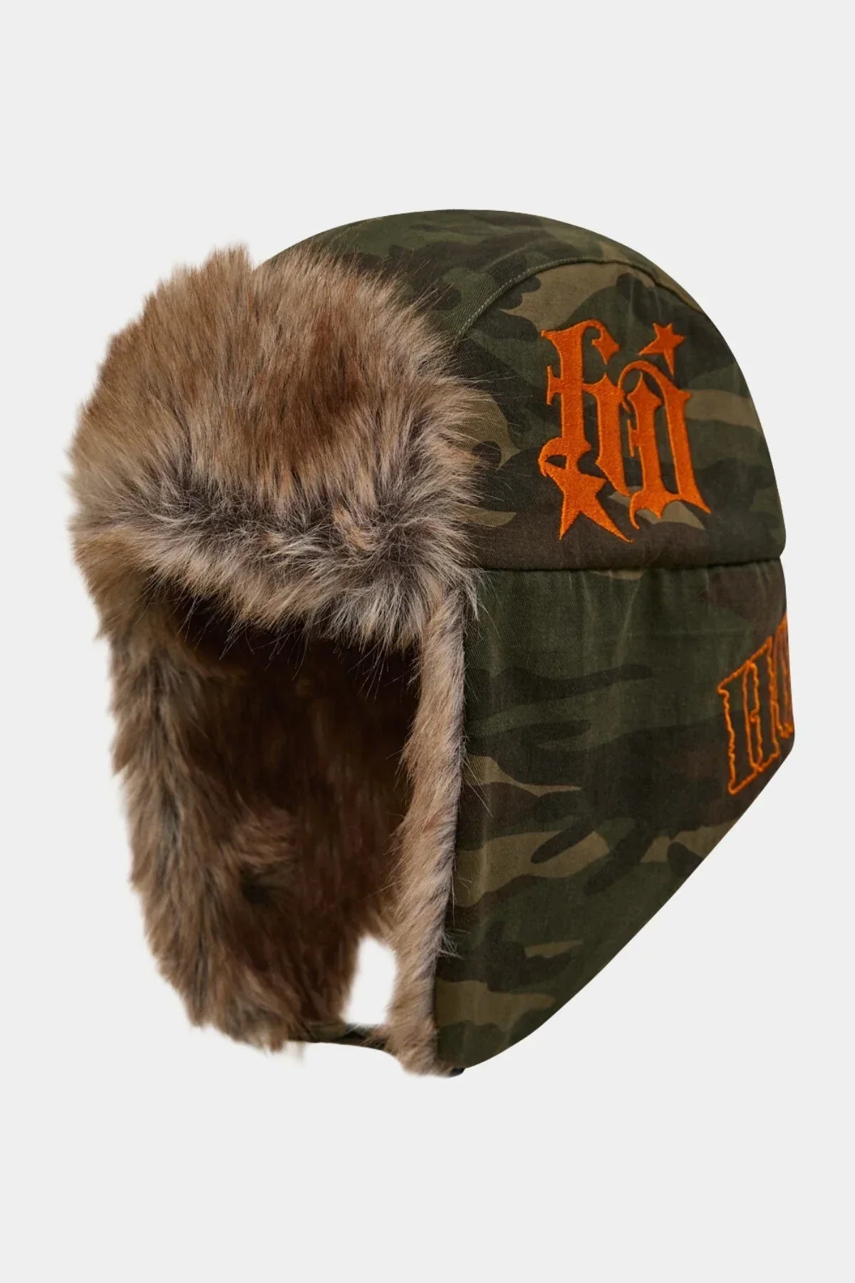 Camo fur trooper hat with orange embroidery and soft brown faux fur lining