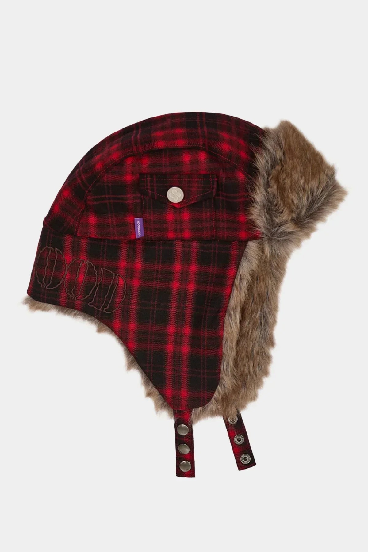 Red and black plaid trapper hat with faux fur lining and snap button straps, winter accessory