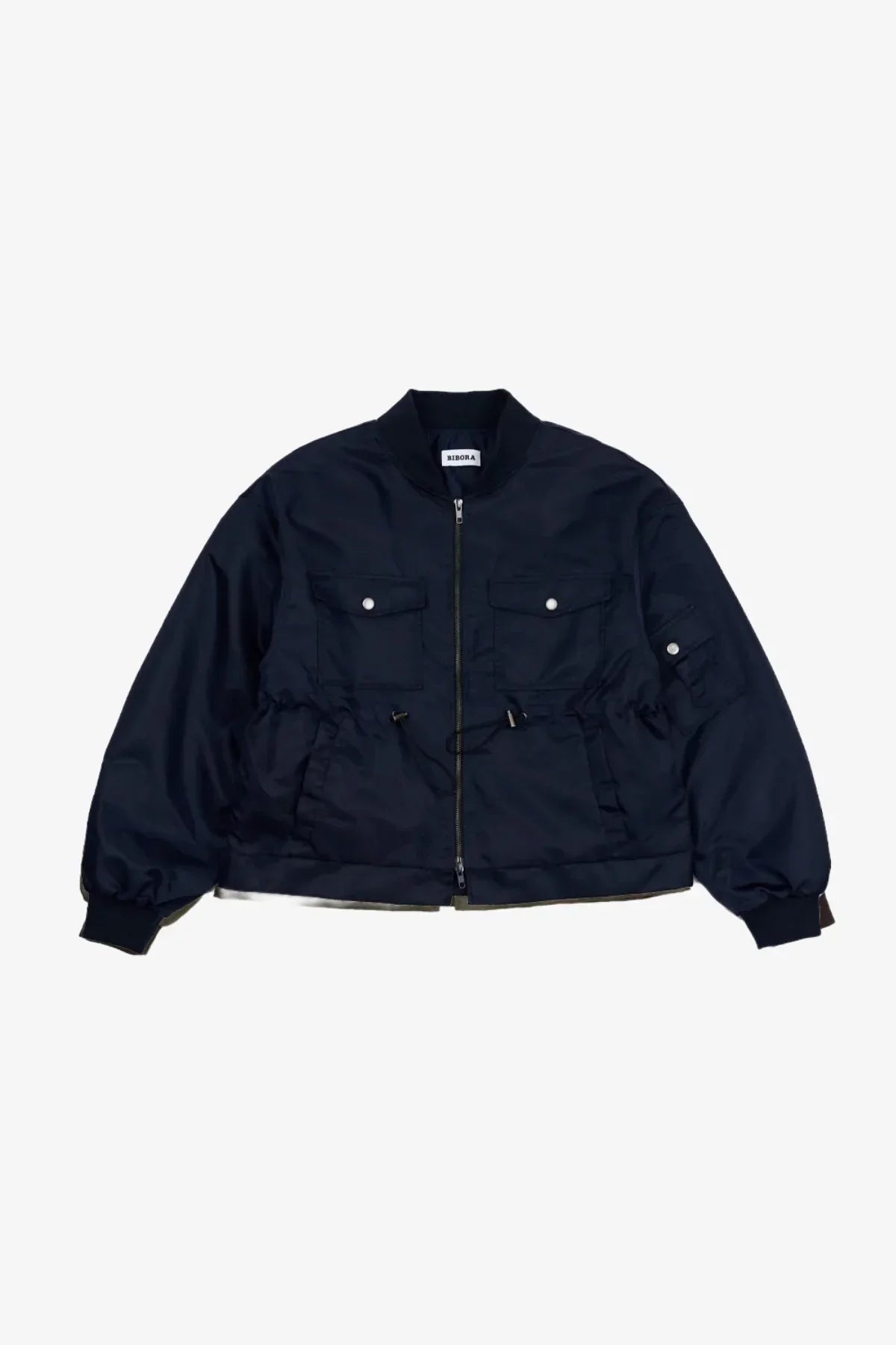 Navy heavy nylon bomber jacket with front zipper and buttoned chest pockets