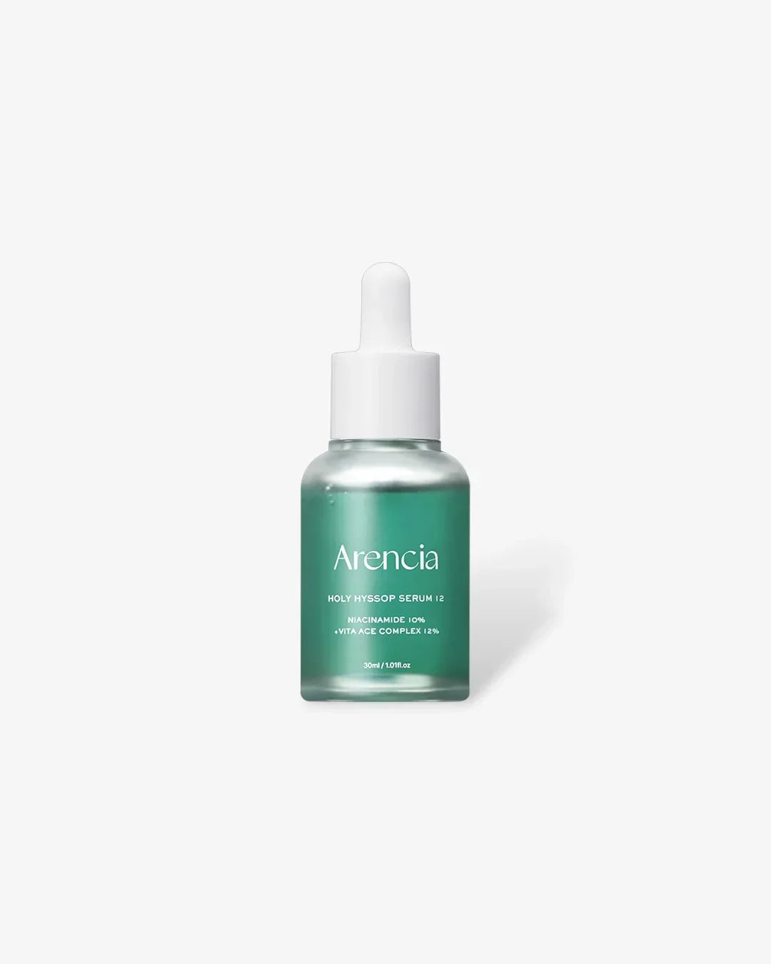 Arencia Holy Hyssop Serum 12 in frosted green bottle with white dropper on white background