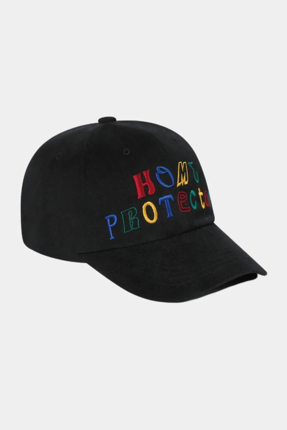 Black ballcap with multicolored embroidered text "HOME PROTECTOR" on front
