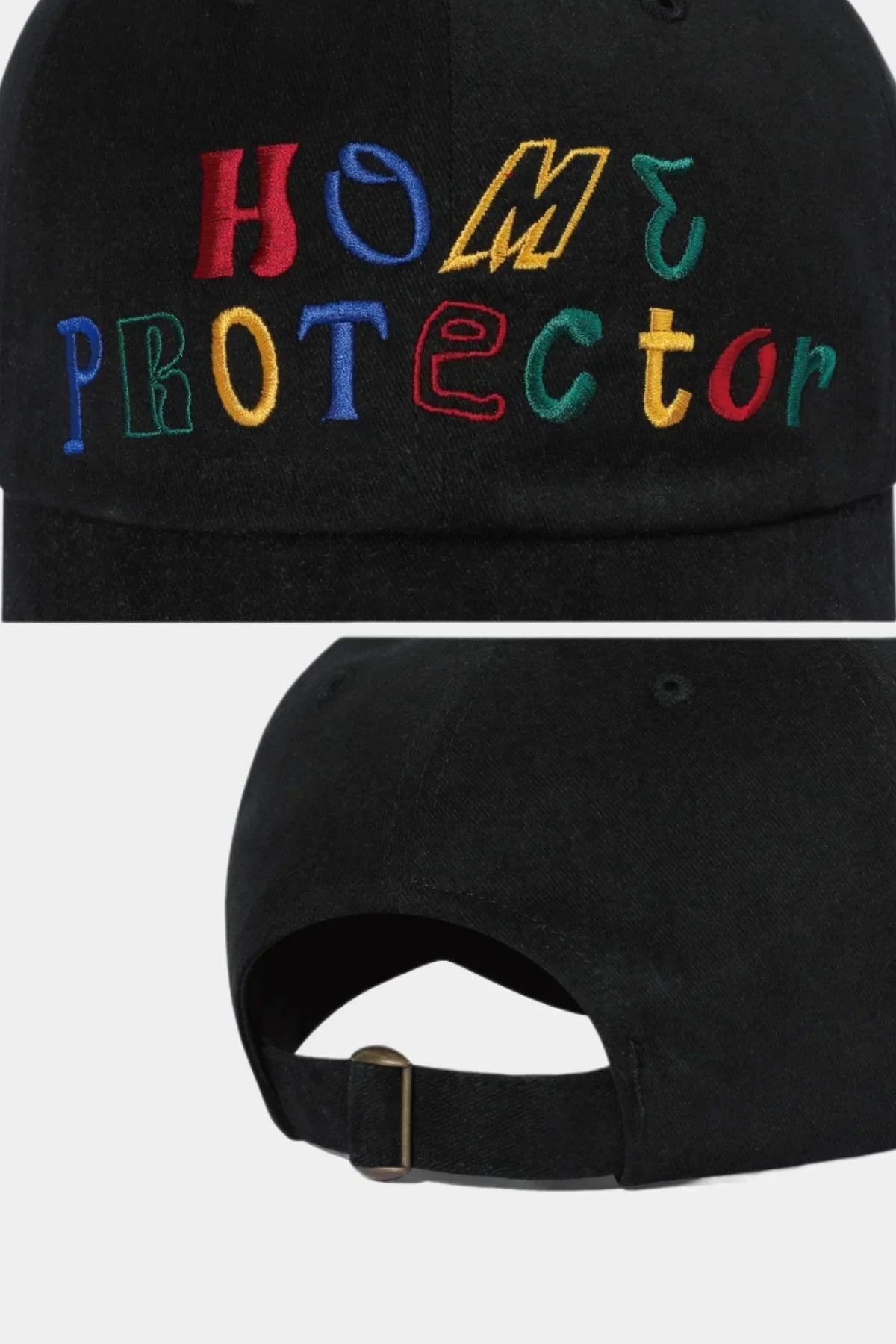 Black ballcap with colorful embroidered text 'HOME PROTECTOR' on front and adjustable back strap