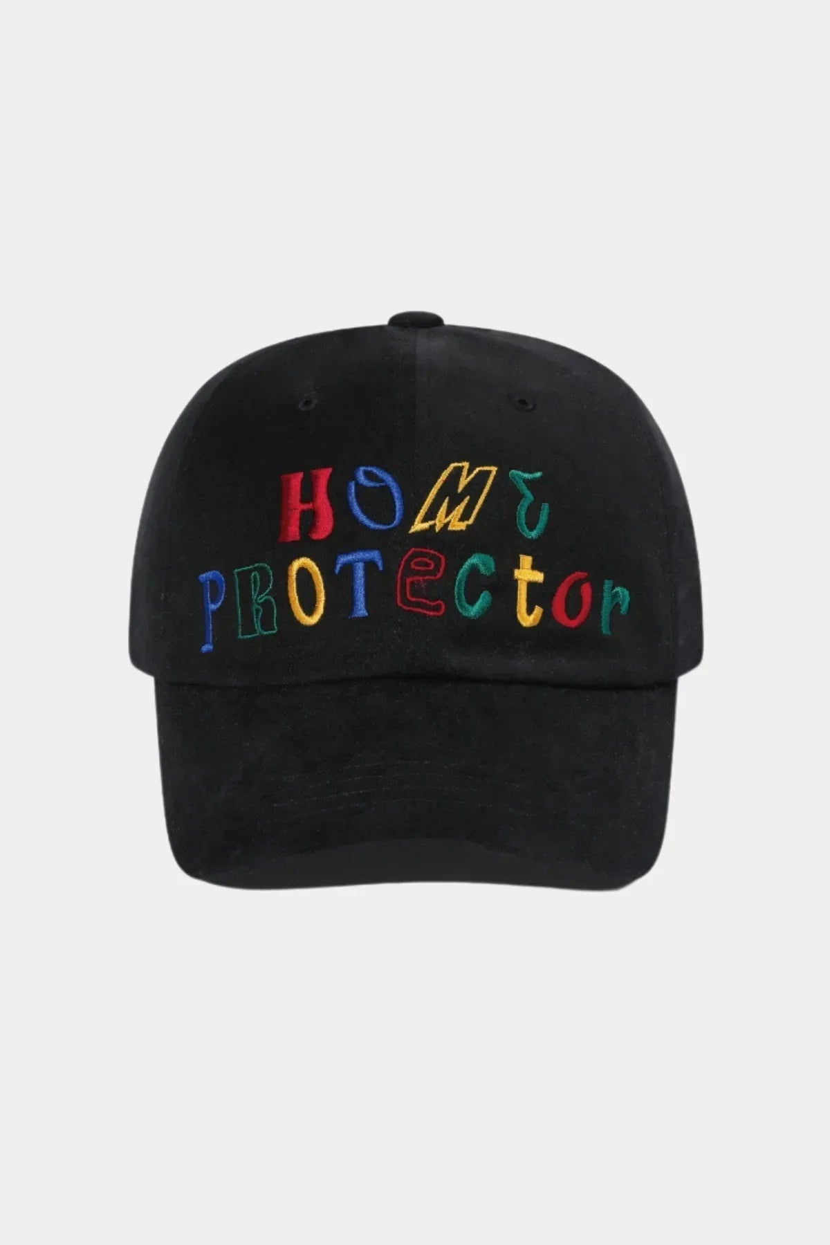 Black baseball cap with colorful embroidered text reading 'HOME PROTECTOR' on front