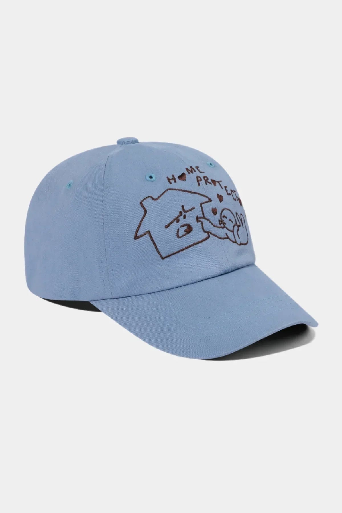 Light blue ballcap with embroidered cartoon house, character, and text Home Protector