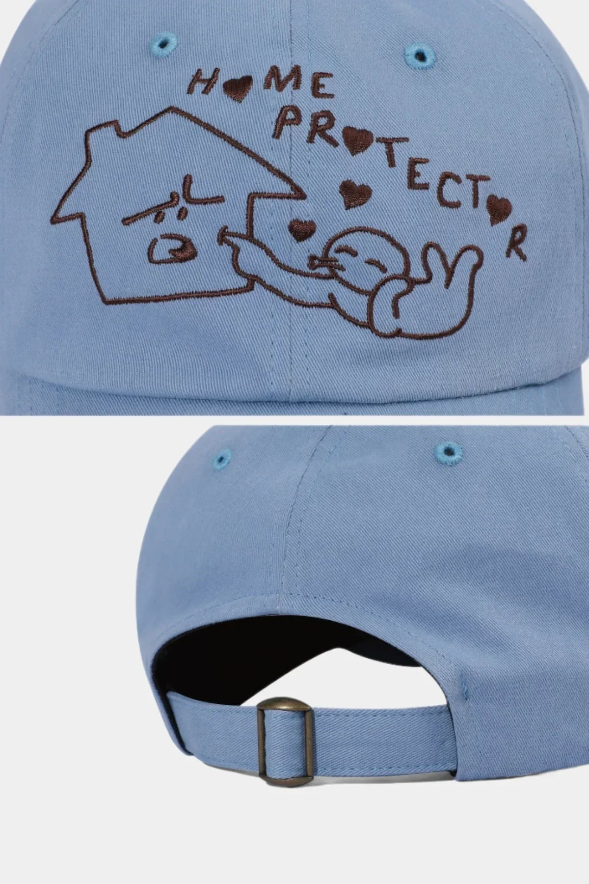 Sky blue ballcap with embroidered brown house and happy seal design and adjustable back strap
