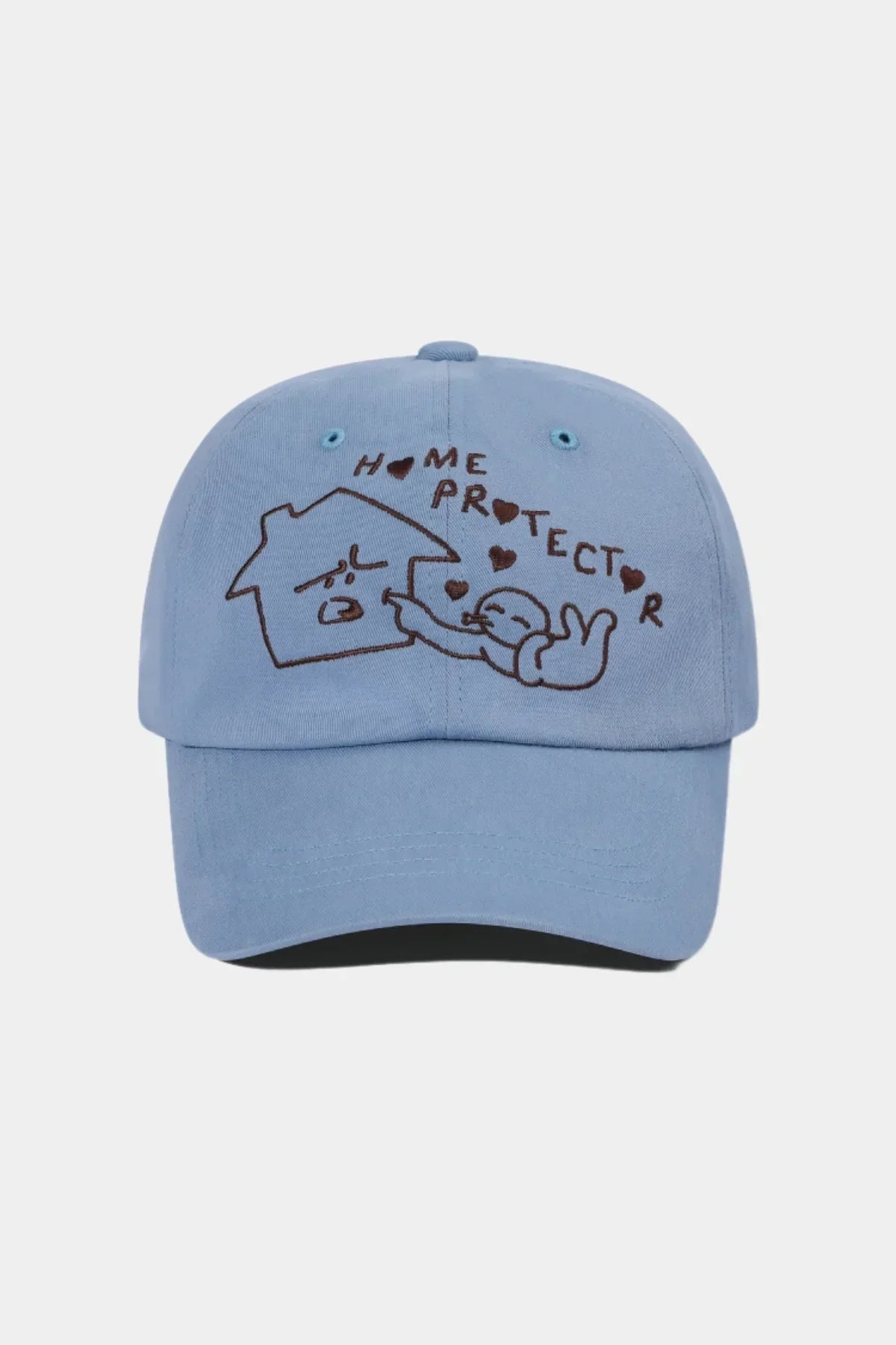 Sky blue baseball cap with embroidered design of house and baby with text Home Protector