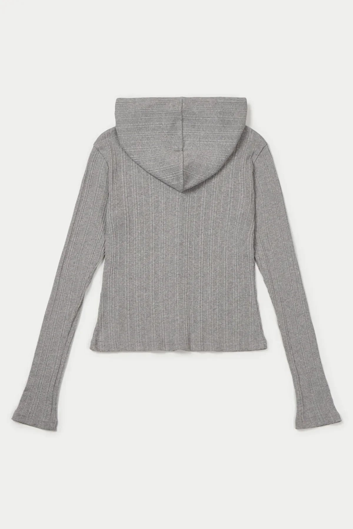 Back view of gray ribbed hooded cardigan with long sleeves on white background