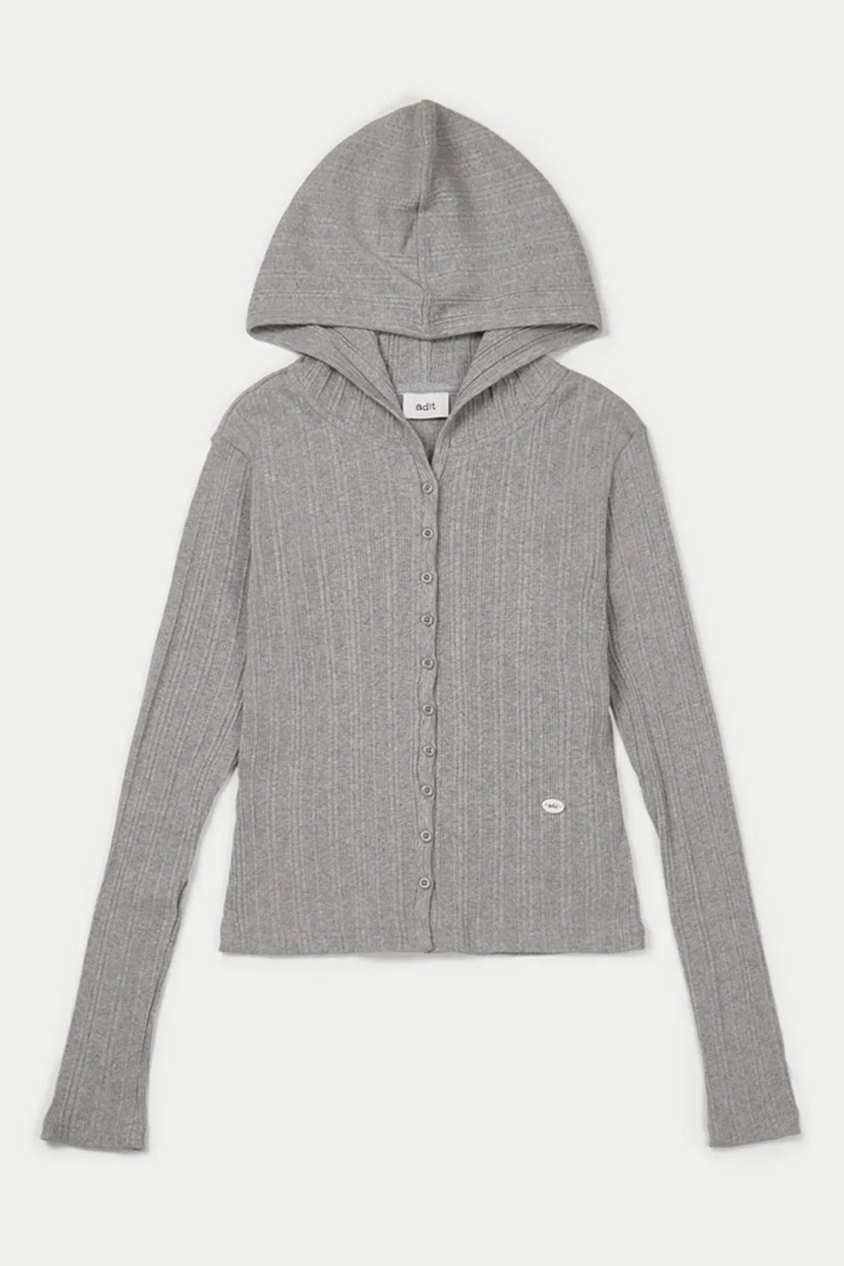 Gray ribbed knit hooded cardigan with front button closure and long sleeves on white background