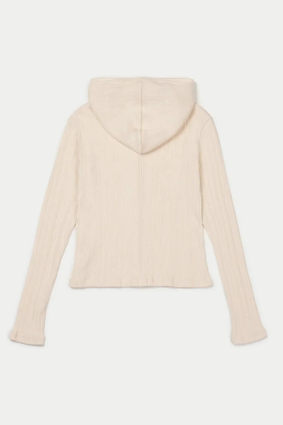 Back view of natural cream ribbed hooded cardigan with long sleeves on white background