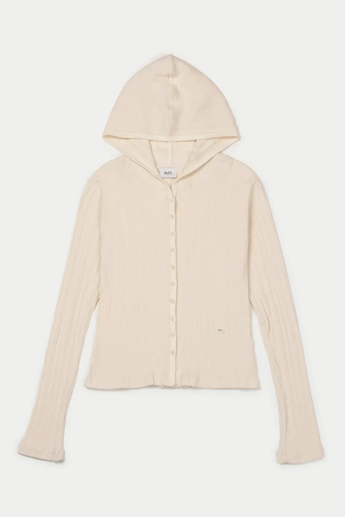 Natural cream ribbed hooded cardigan with button front and long sleeves