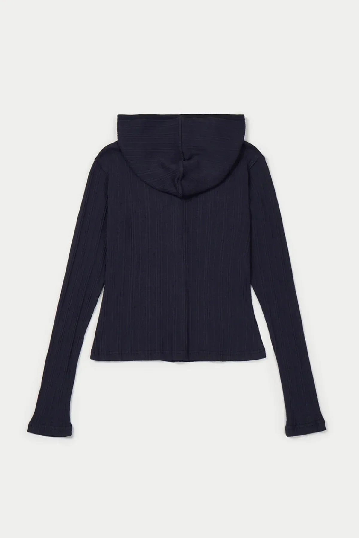 Back view of navy ribbed hooded cardigan with long sleeves on white background