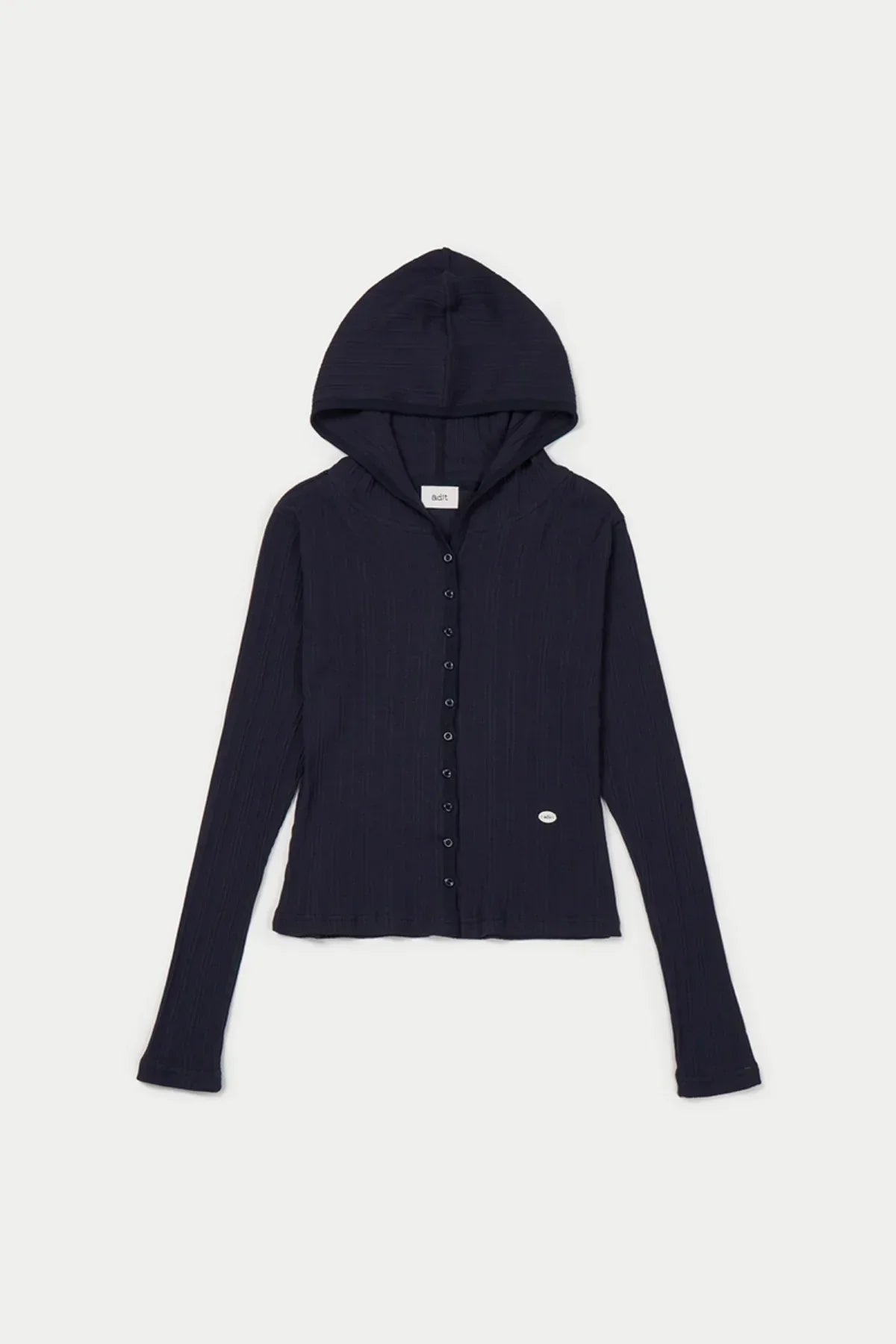 Navy hooded ribbed cardigan with front buttons and long sleeves on white background