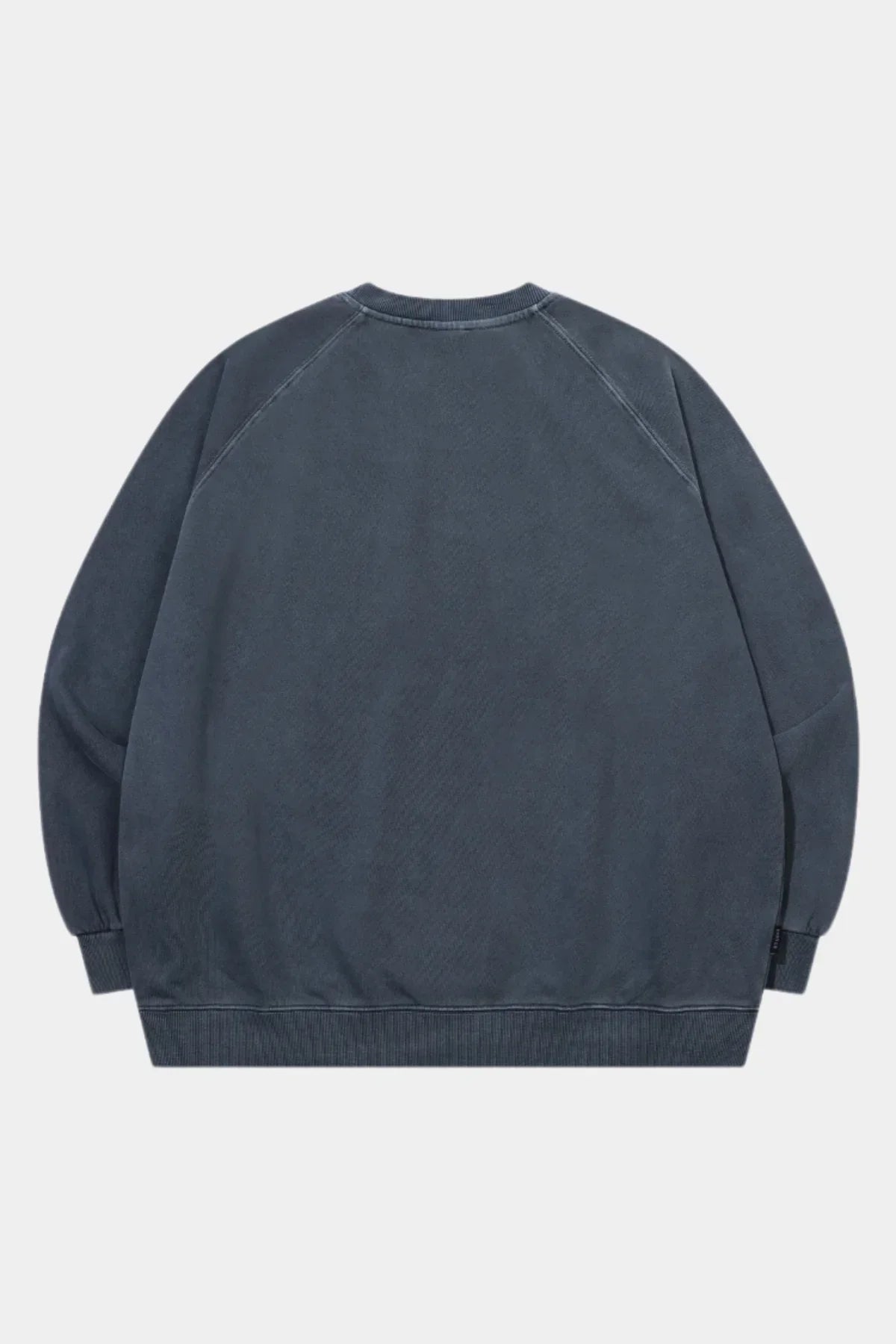 Dark blue raglan sweatshirt with ribbed cuffs and hem, plain back view on white background