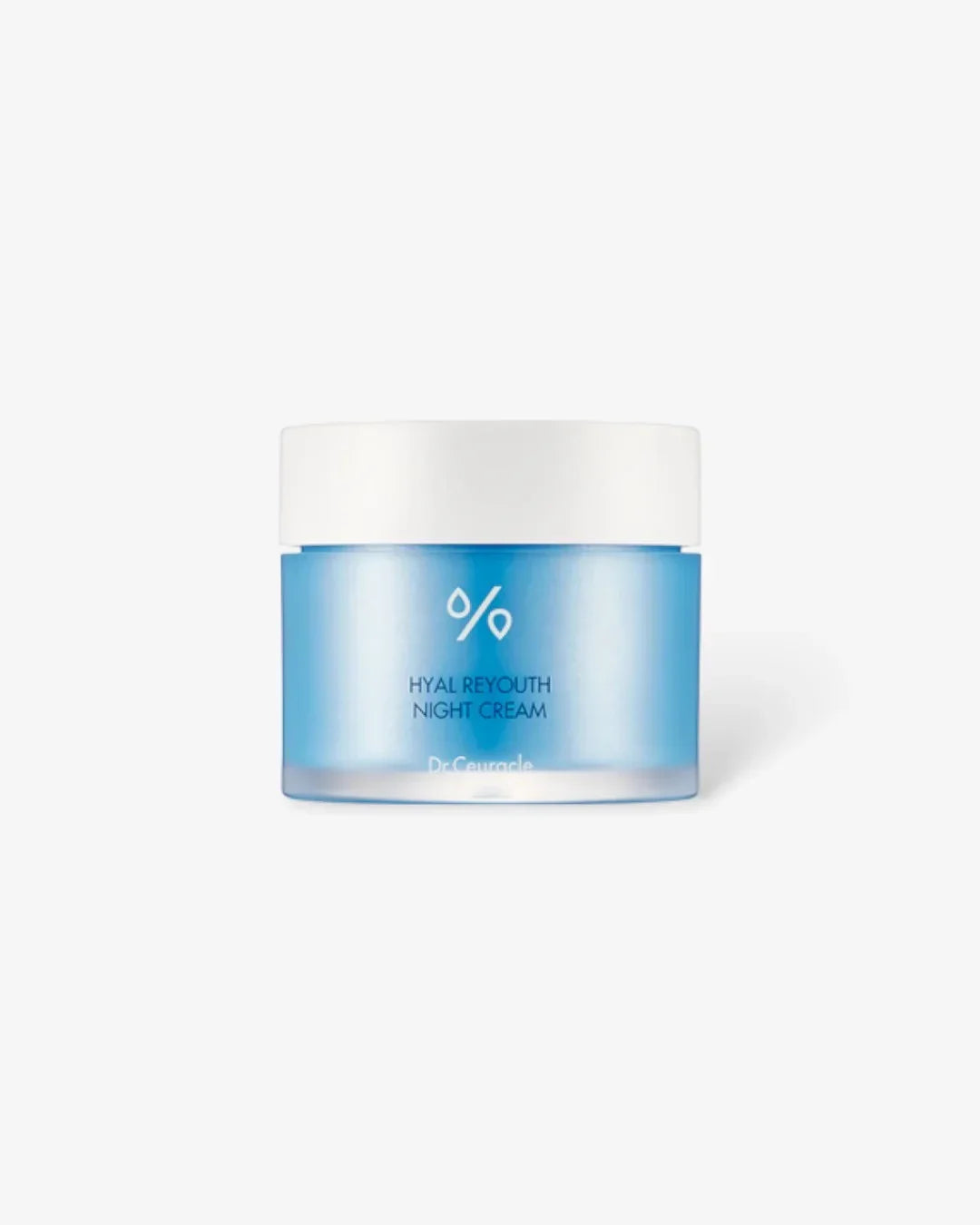 Blue jar of Hyal Reyouth Night Cream by Dr. Ceuracle with white lid on white background