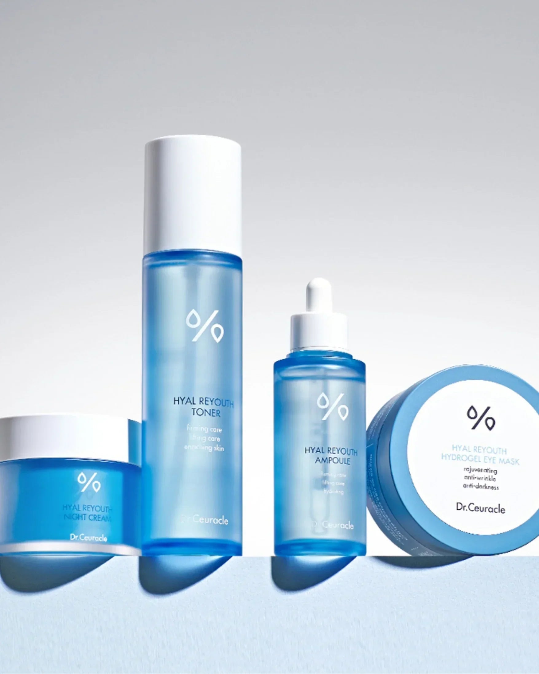 Dr. Ceuracle Hyal Reyouth skincare set with night cream, toner, ampoule, and hydrogel eye mask