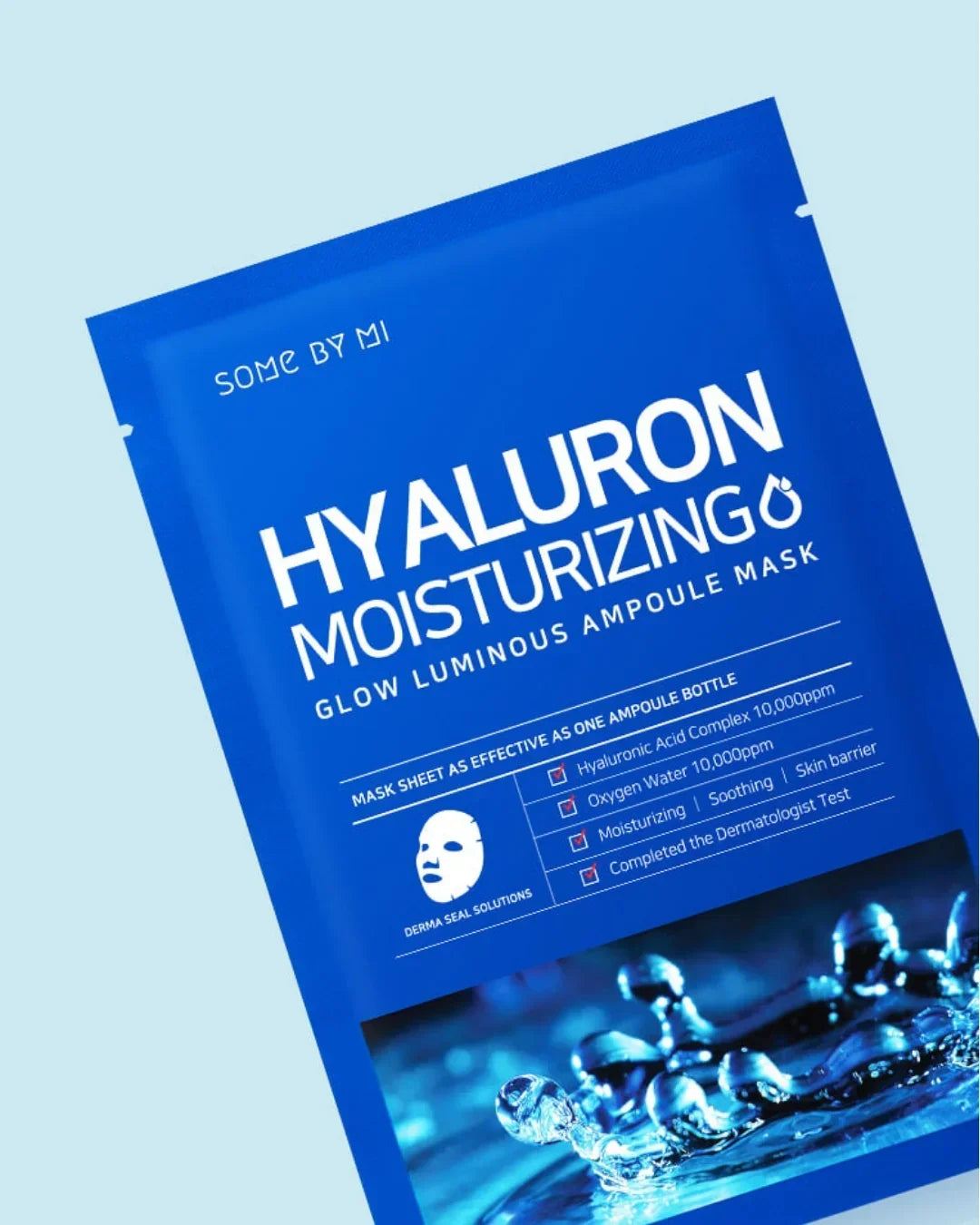 Blue packaging of SOME BY MI Hyaluron Moisturizing Glow Luminous Ampoule Mask with water splash image