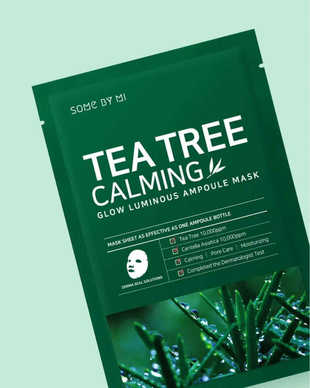 Some By Mi Tea Tree Calming Glow Luminous Ampoule Mask packaging with tea tree image