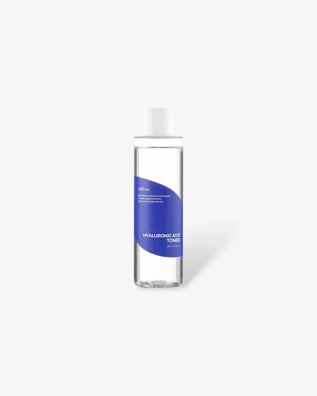 Clear bottle of Innisfree Hyaluronic Acid Toner 200ml with blue label on white background