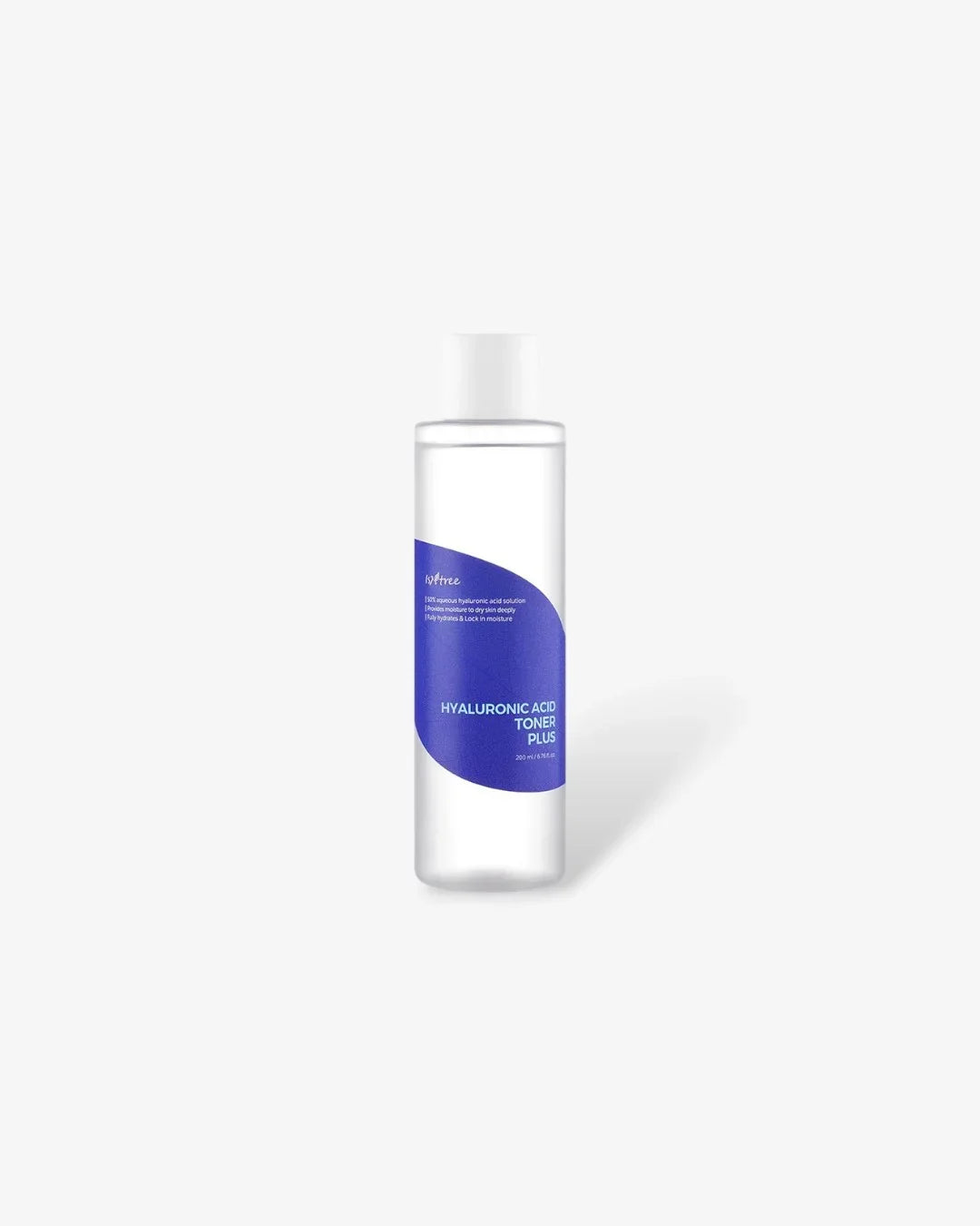 Clear plastic bottle of Hyaluronic Acid Toner Plus with blue label on white background
