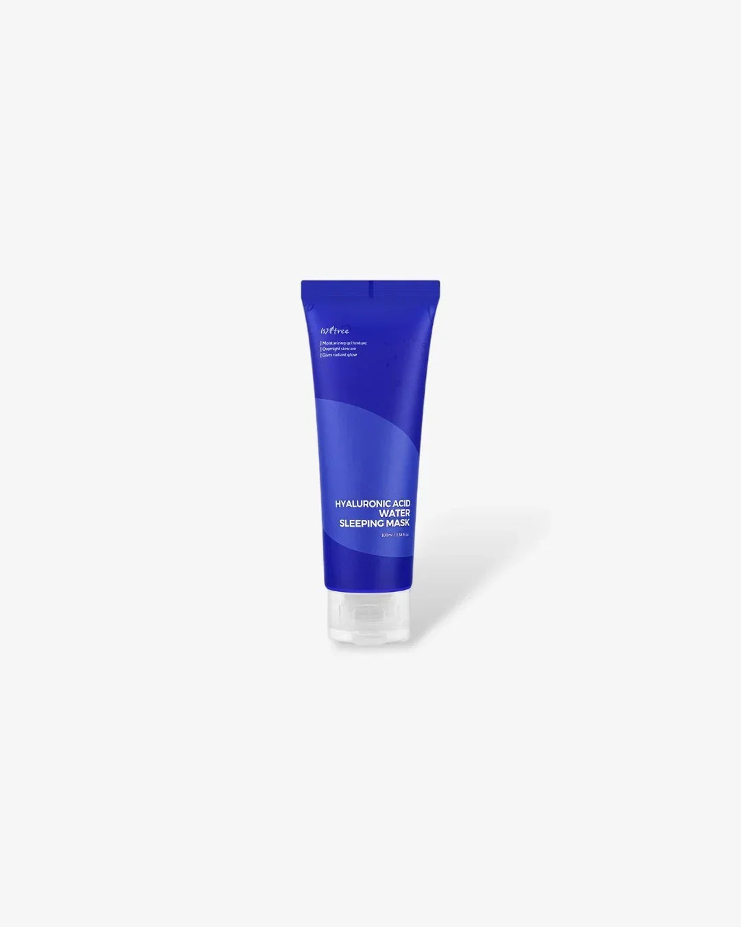 Blue tube of hyaluronic acid water sleeping mask skincare product on white background