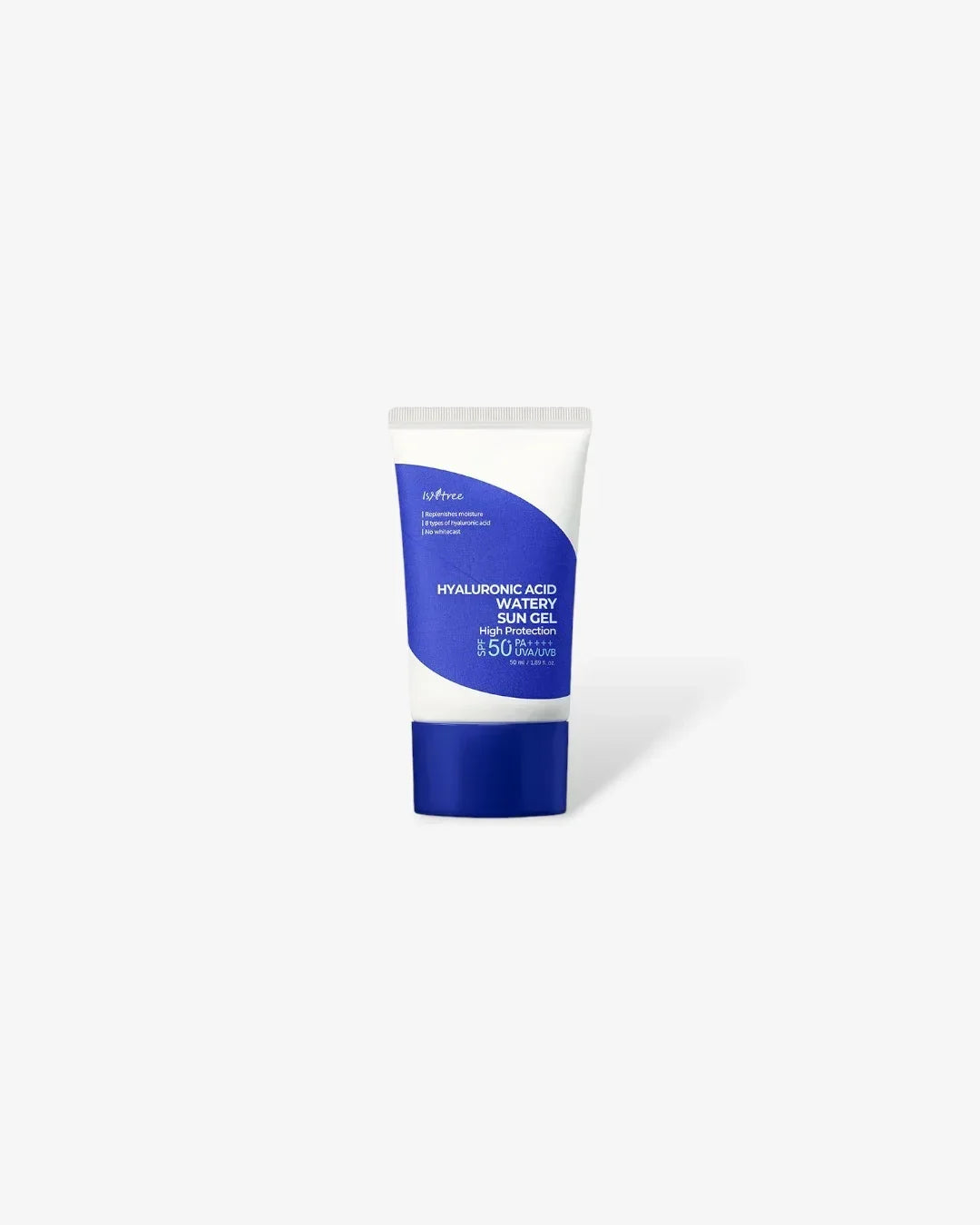 Tube of Isntree Hyaluronic Acid Watery Sun Gel SPF 50 PA++++ with blue and white packaging