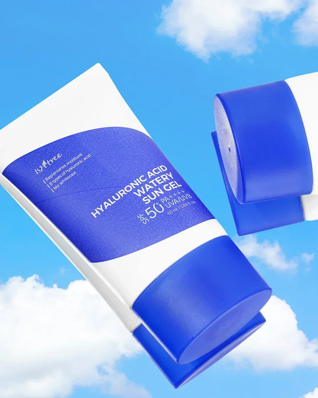 Tube of Isntree Hyaluronic Acid Watery Sun Gel SPF 50 PA+++ against blue sky with clouds