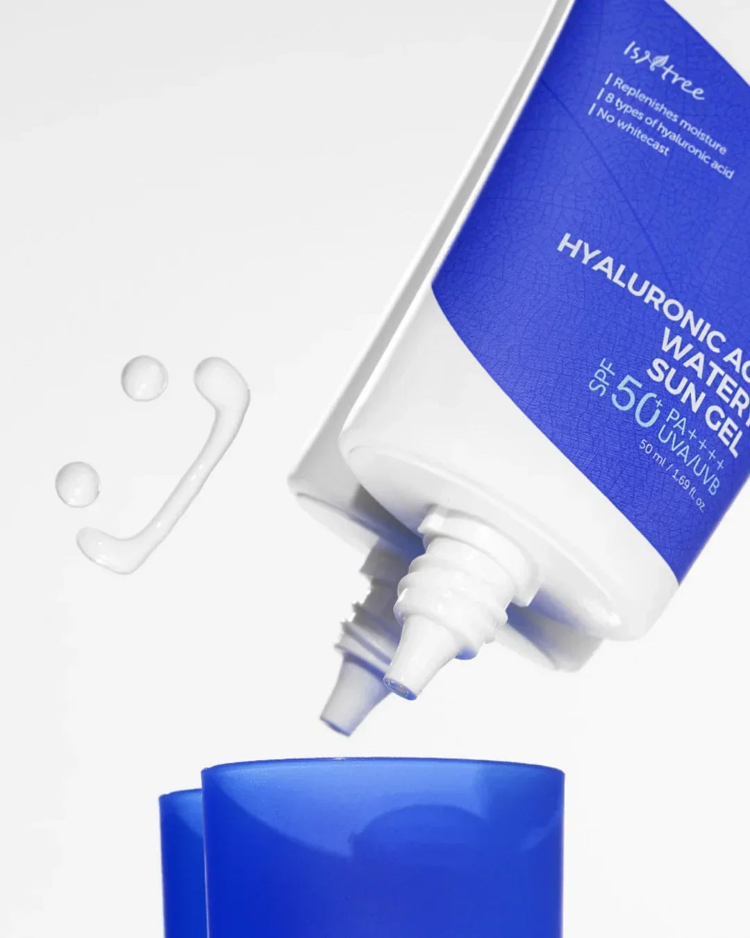 Tube of Isntree Hyaluronic Acid Watery Sun Gel SPF 50 PA++++ with gel drops and blue cap on white background