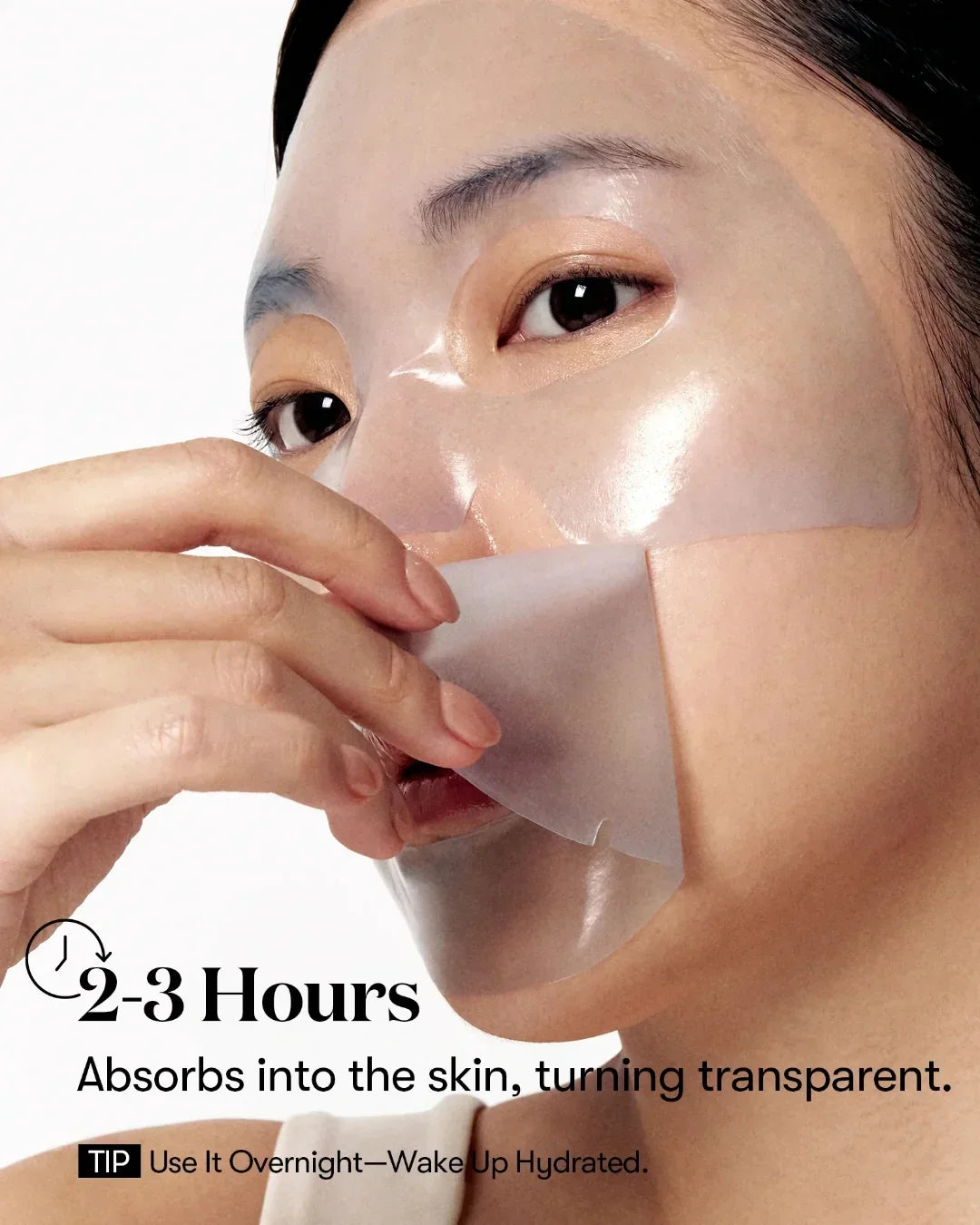 Close-up of person peeling off transparent hydrogel face mask for hydration skincare
