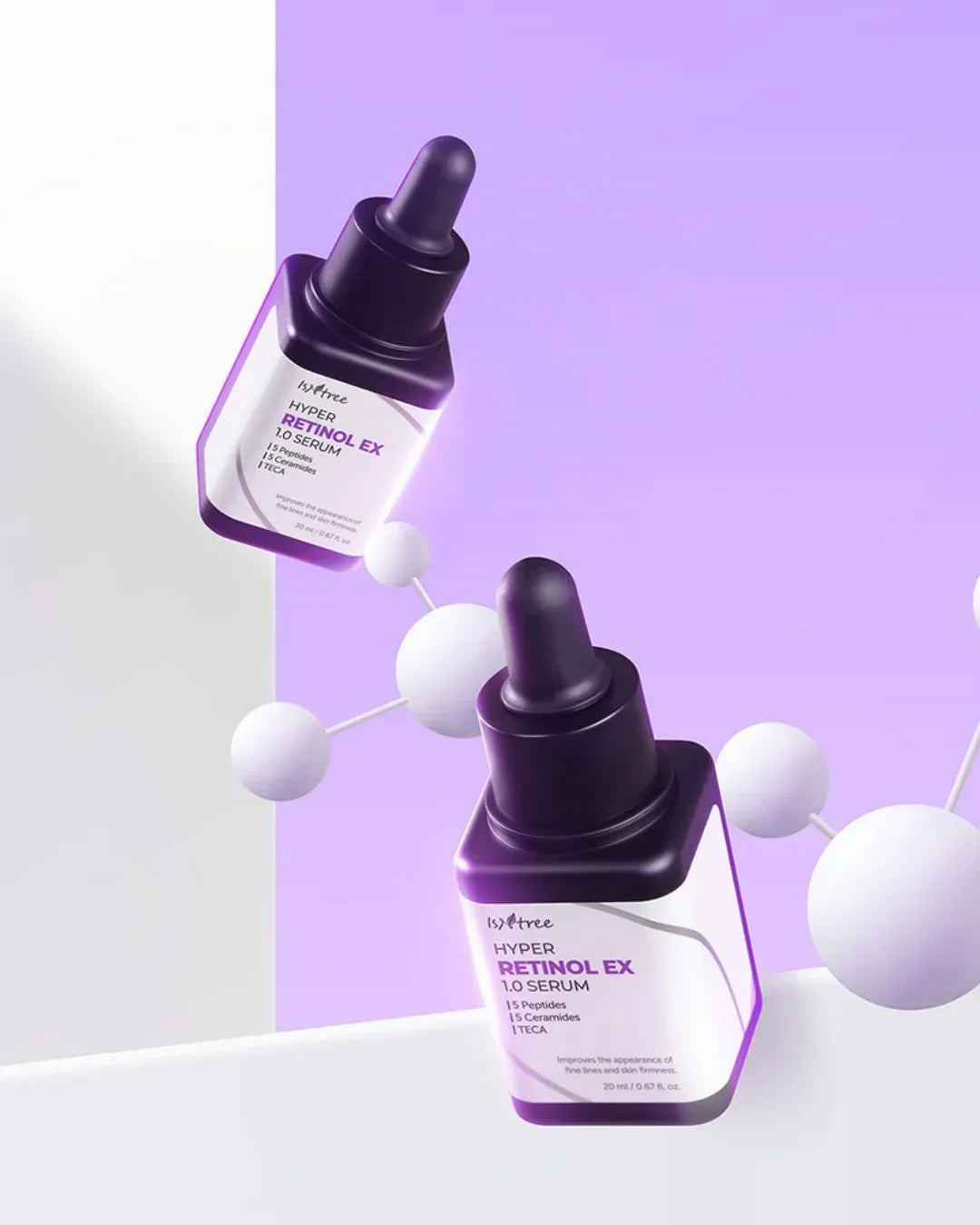 Two Isntree Hyper Retinol EX 1.0 serum bottles with pipettes floating against a purple and white background with molecular structures