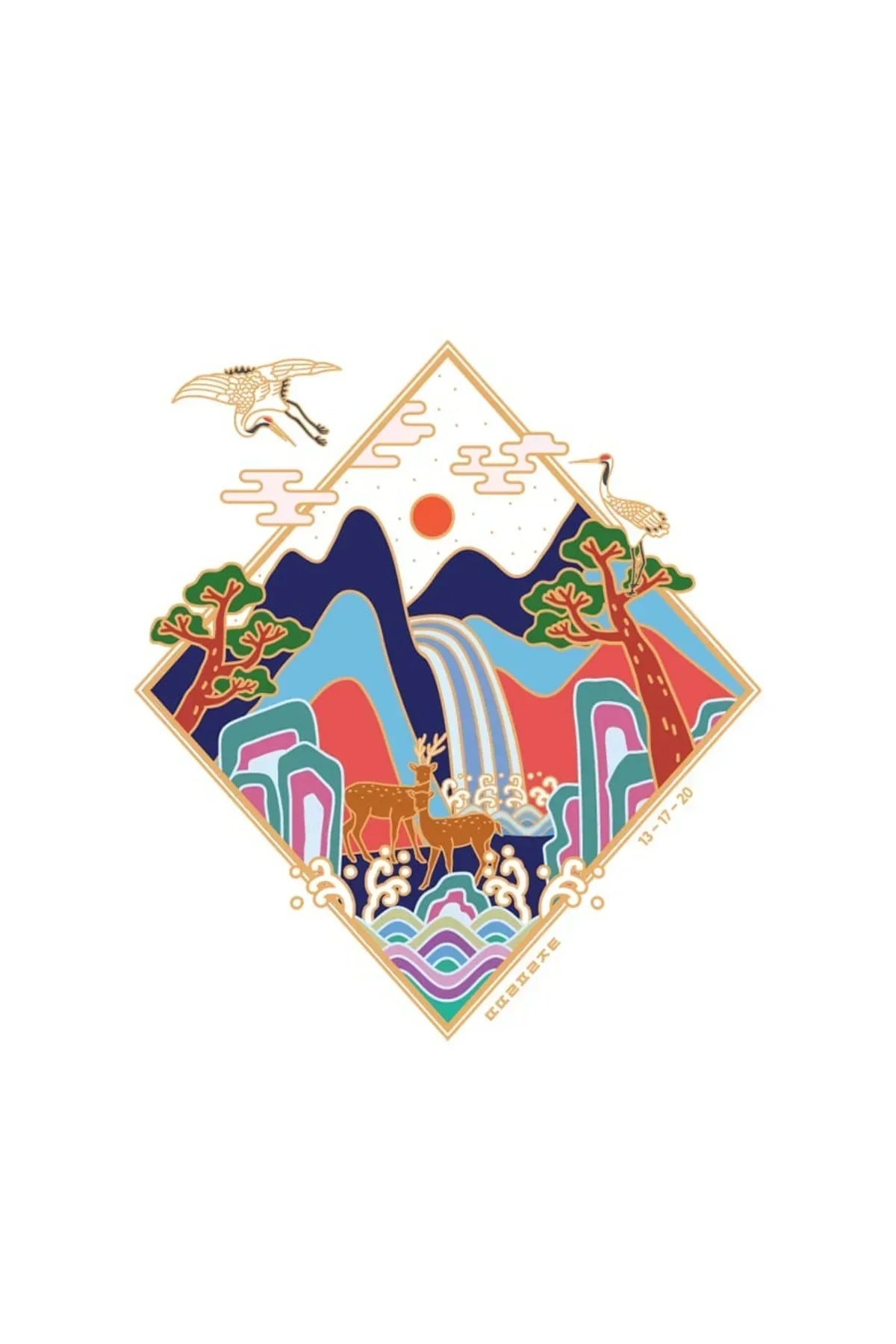 Colorful Korean-style landscape illustration with mountains, waterfall, deer, pine trees, and cranes