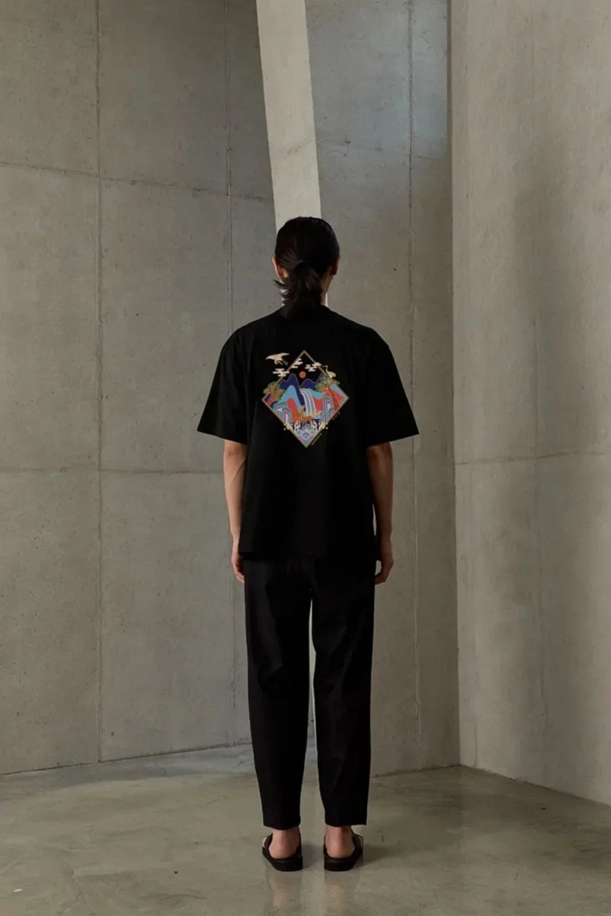 Person wearing black t-shirt with colorful mountain and waterfall graphic on back, standing in concrete room