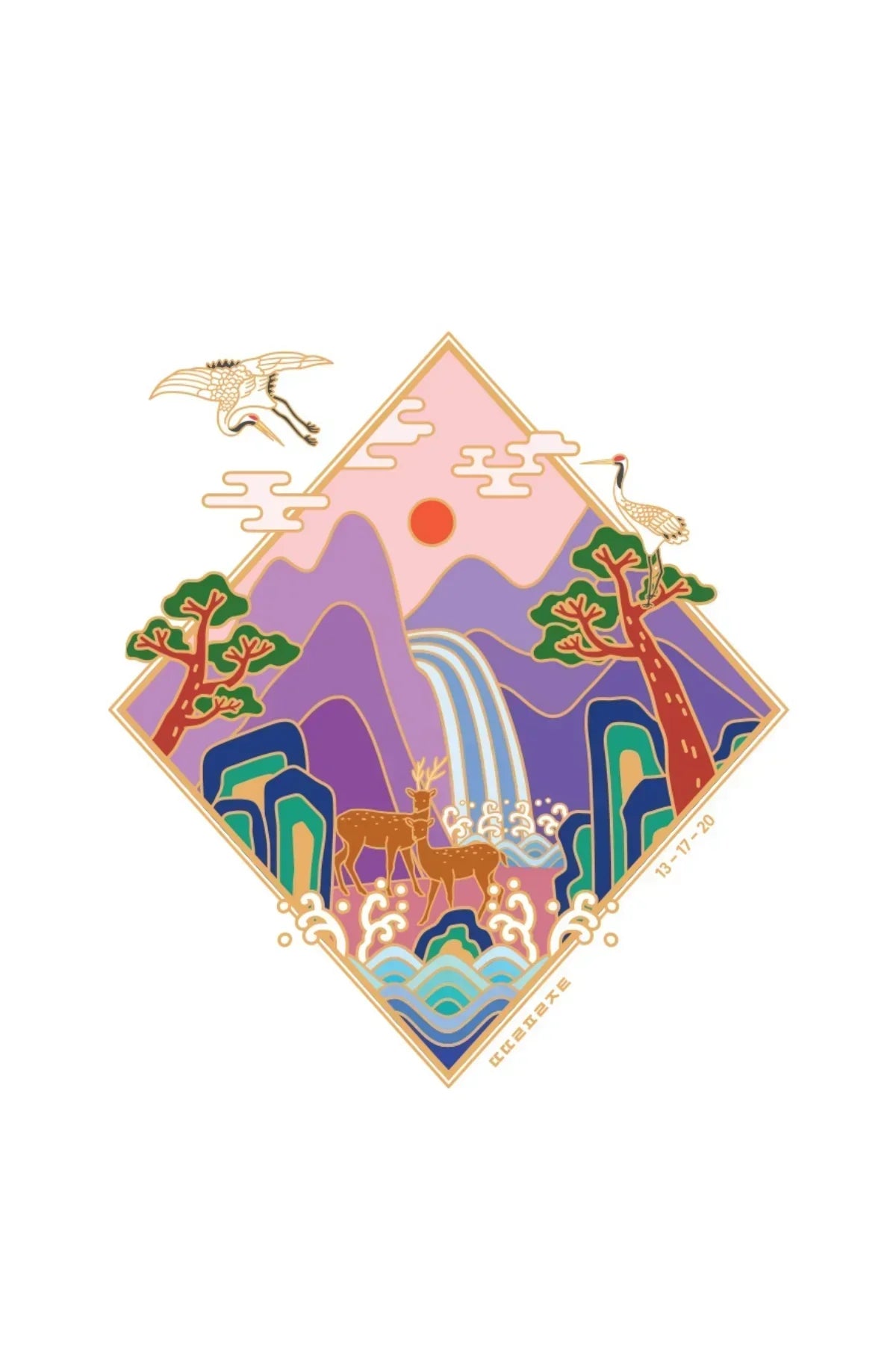 Artistic diamond-shaped design with purple mountains, waterfall, deer, pine trees, cranes, and red sun