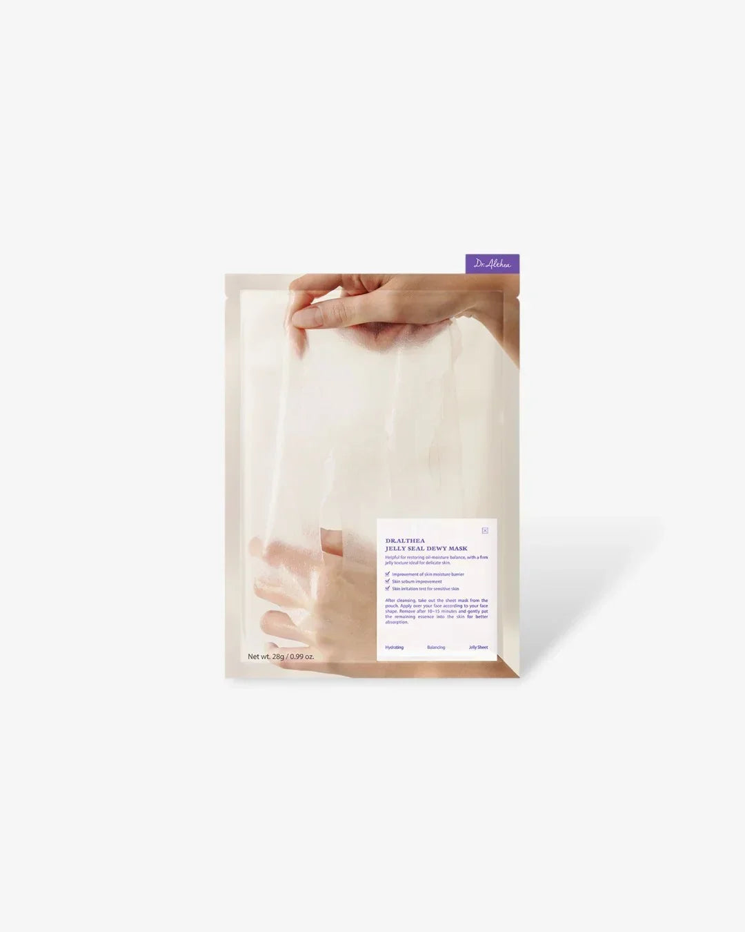 Dr. Althea Jelly Seal Dewy Mask sheet mask held by hand in transparent packaging on white background