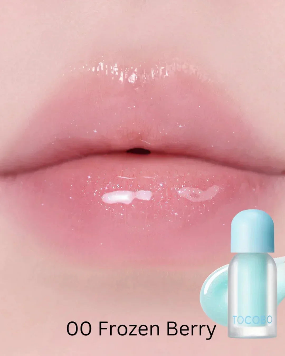 Close-up of glossy lips with shimmering pink tinted tocobo Frozen Berry lip oil
