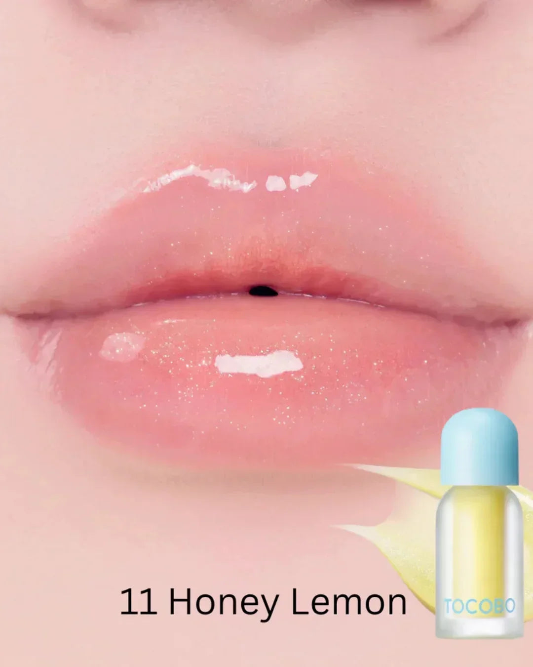 Close-up of glossy lips with shiny Honey Lemon lip oil by Tocobo shade 11