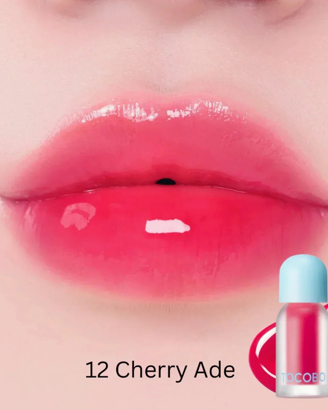 Close-up of glossy lips wearing vibrant Cherry Ade shade 12 lip oil by Tocobo