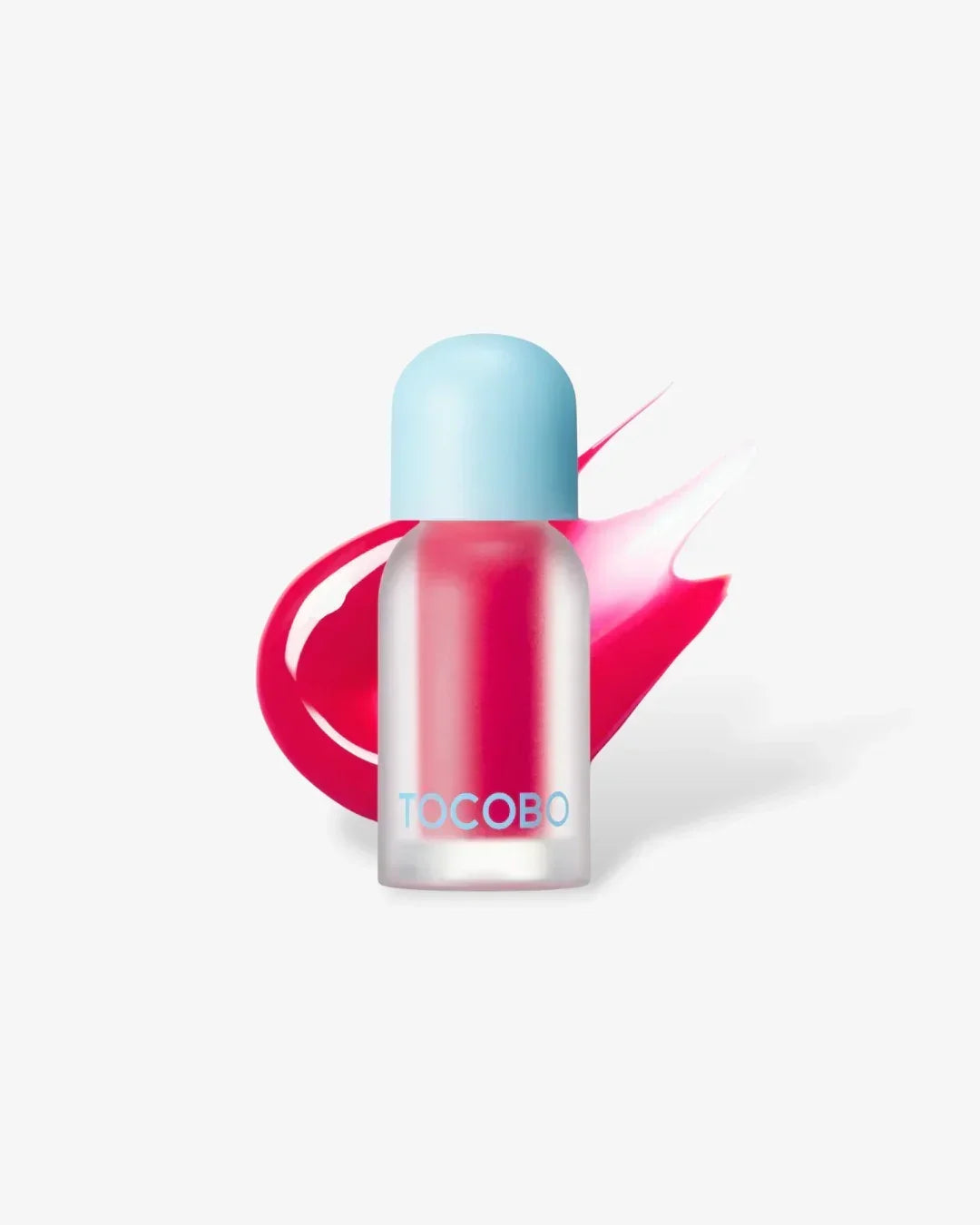 TOCOBO juicy berry plumping lip oil bottle with blue cap and red-pink lip gloss swatch