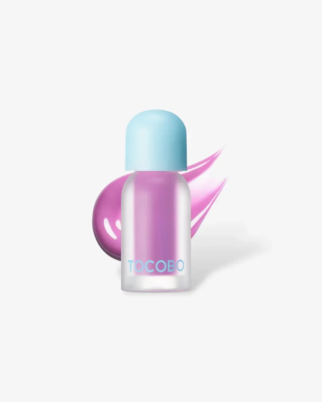 Tocobo juicy berry plumping lip oil in a frosted bottle with blue cap and purple gloss swatch