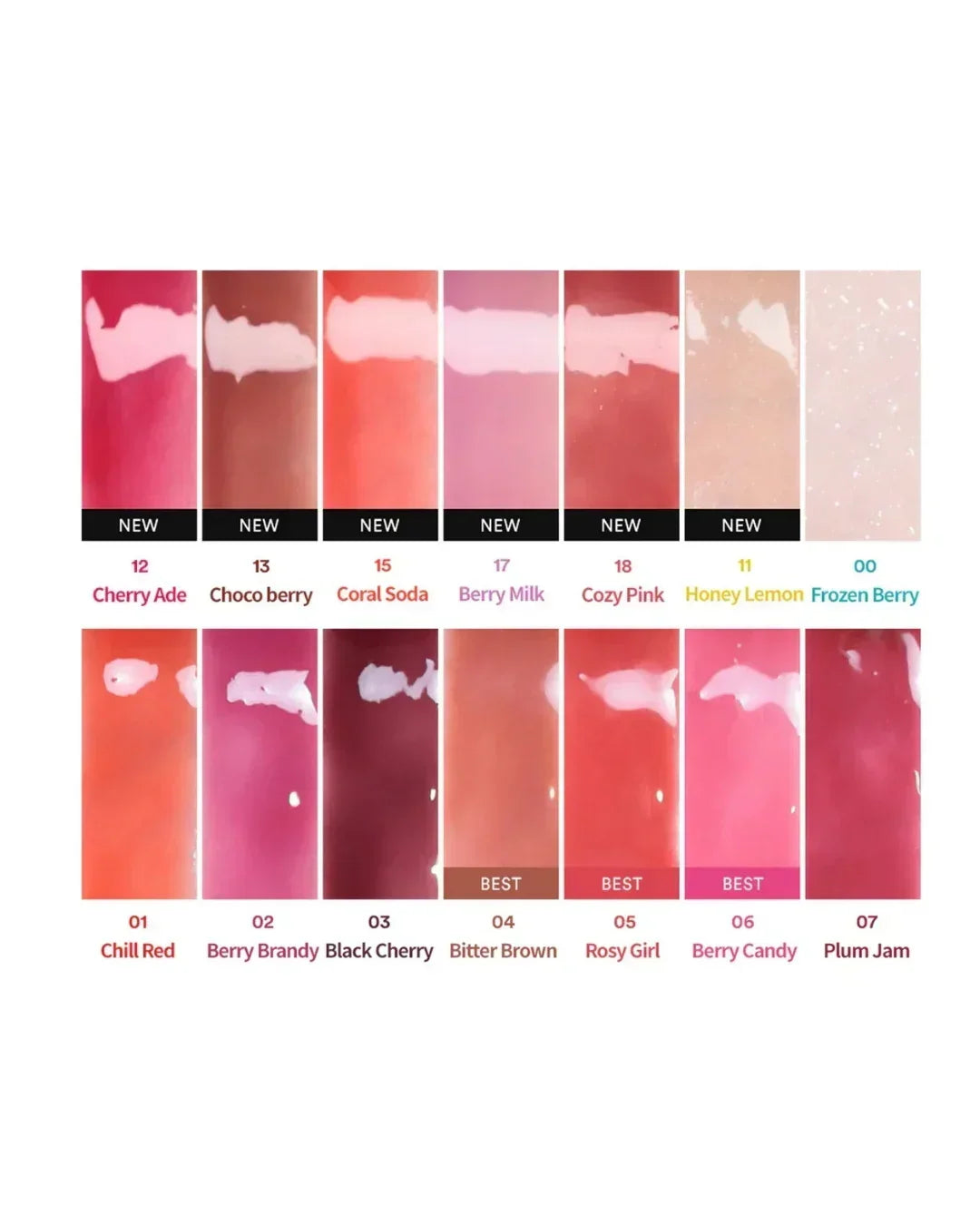 Swatches of juicy berry plumping lip oil shades including Cherry Ade, Coral Soda, Berry Milk, Honey Lemon, and Plum Jam