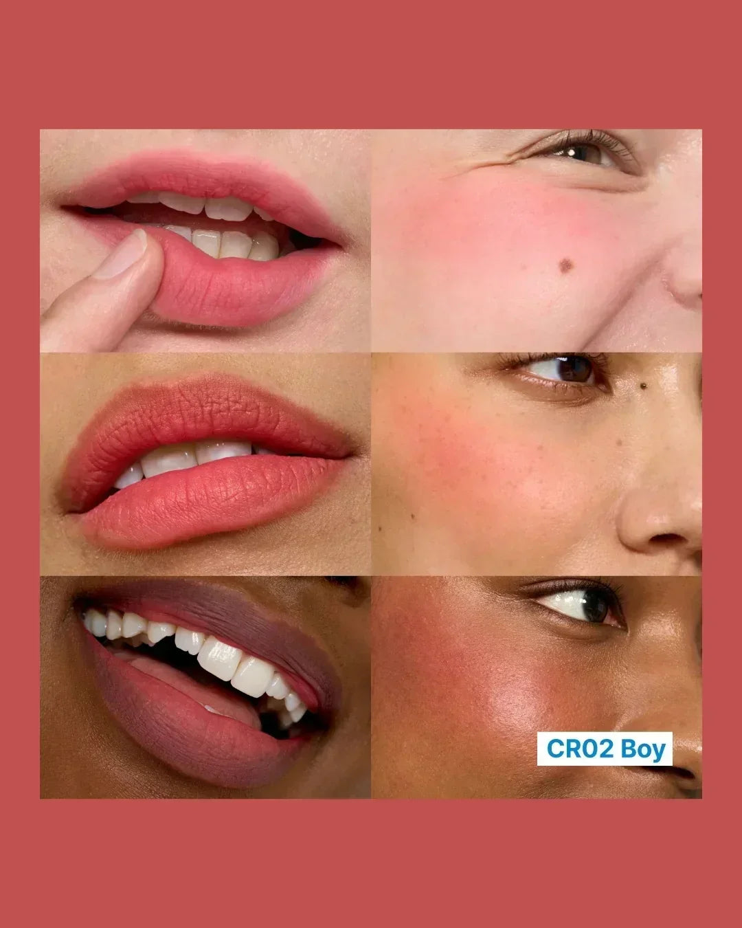 Collage of diverse lips and cheeks with red-pink lip and cheek tint CR02 Boy shades