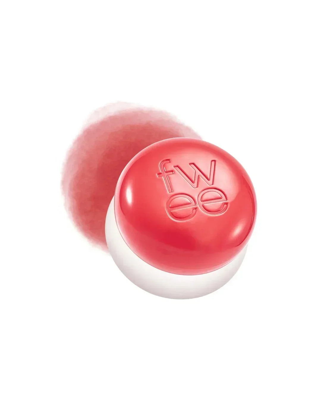 Red and white fw-ee lip and cheek pudding pot cosmetic container with blush swatch on white background