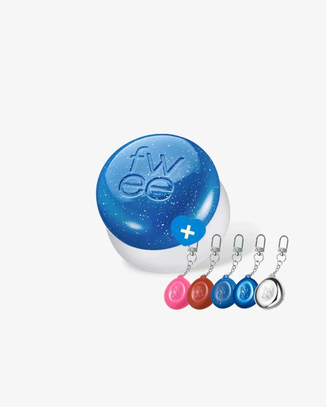 Blue lip and cheek pudding pot with five colorful keyring charms attached neatly