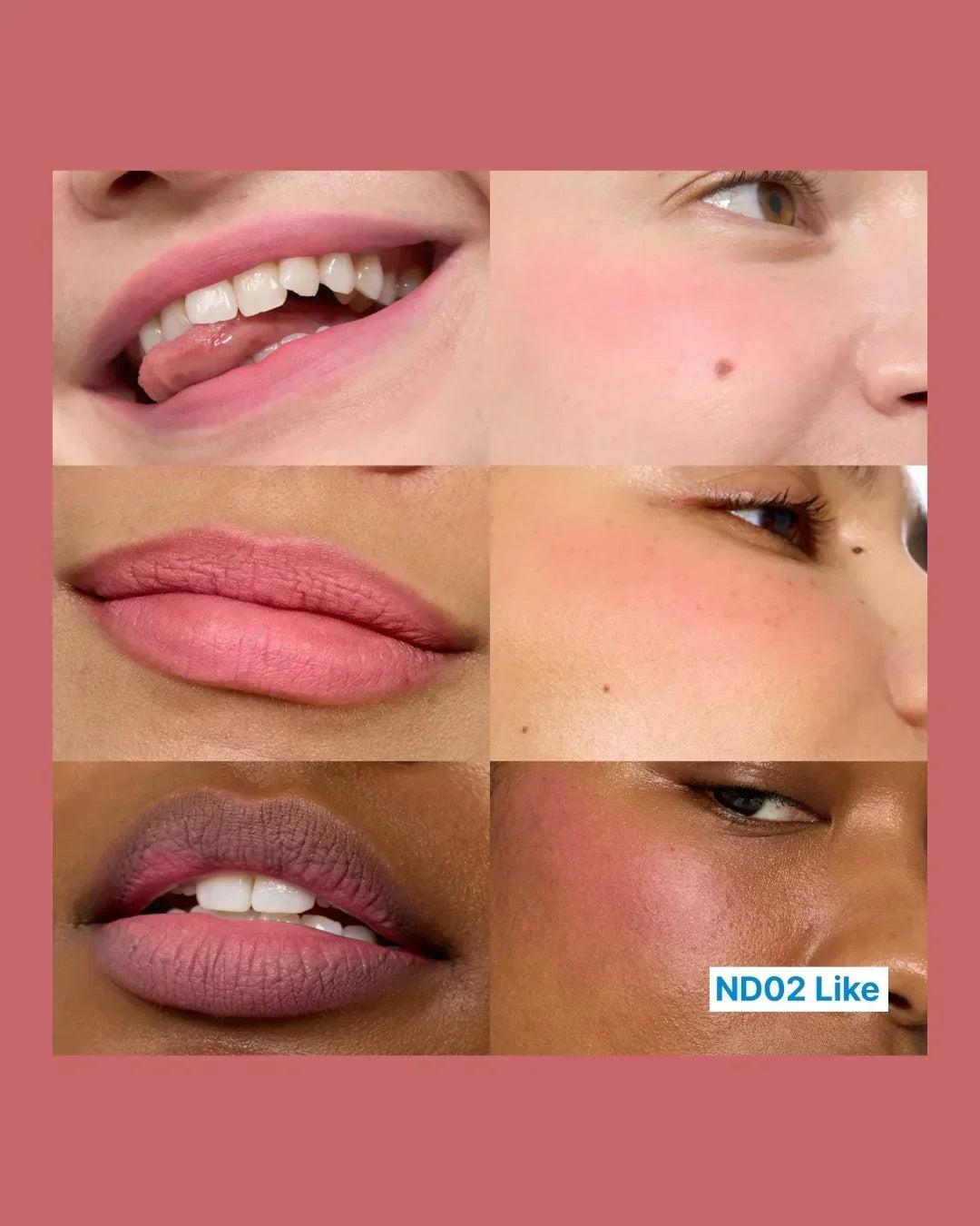Six close-up portraits showing diverse lips and cheeks with natural pinkish blush and lip color ND02 Like