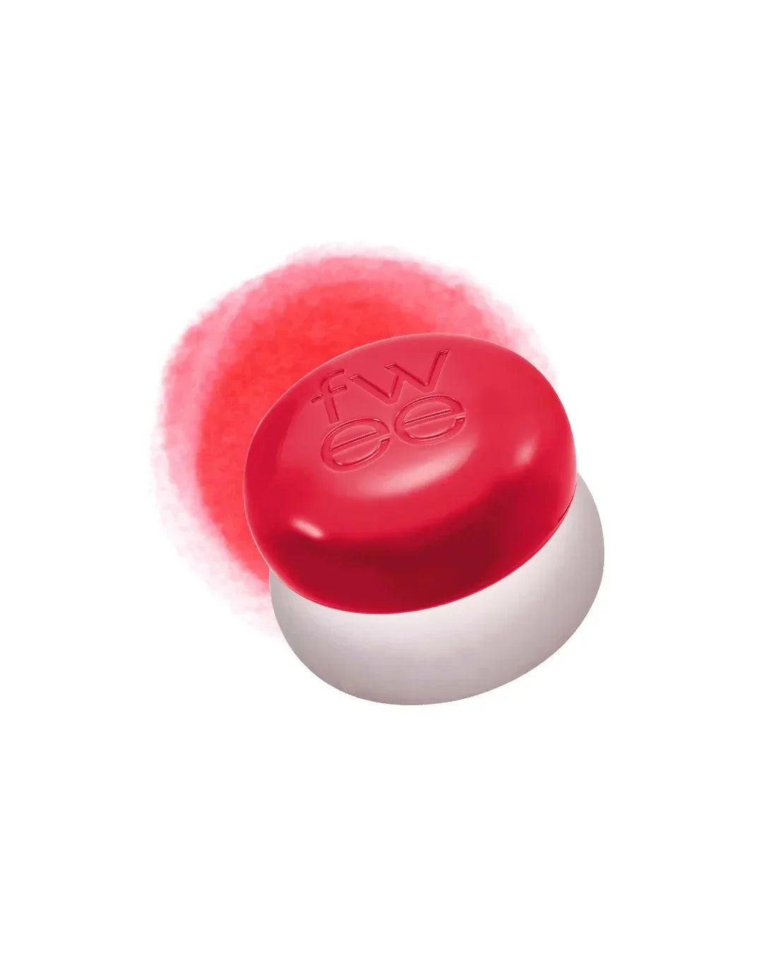 Red and white lip and cheek tint pot with embossed 'fwee' logo and red color swatch