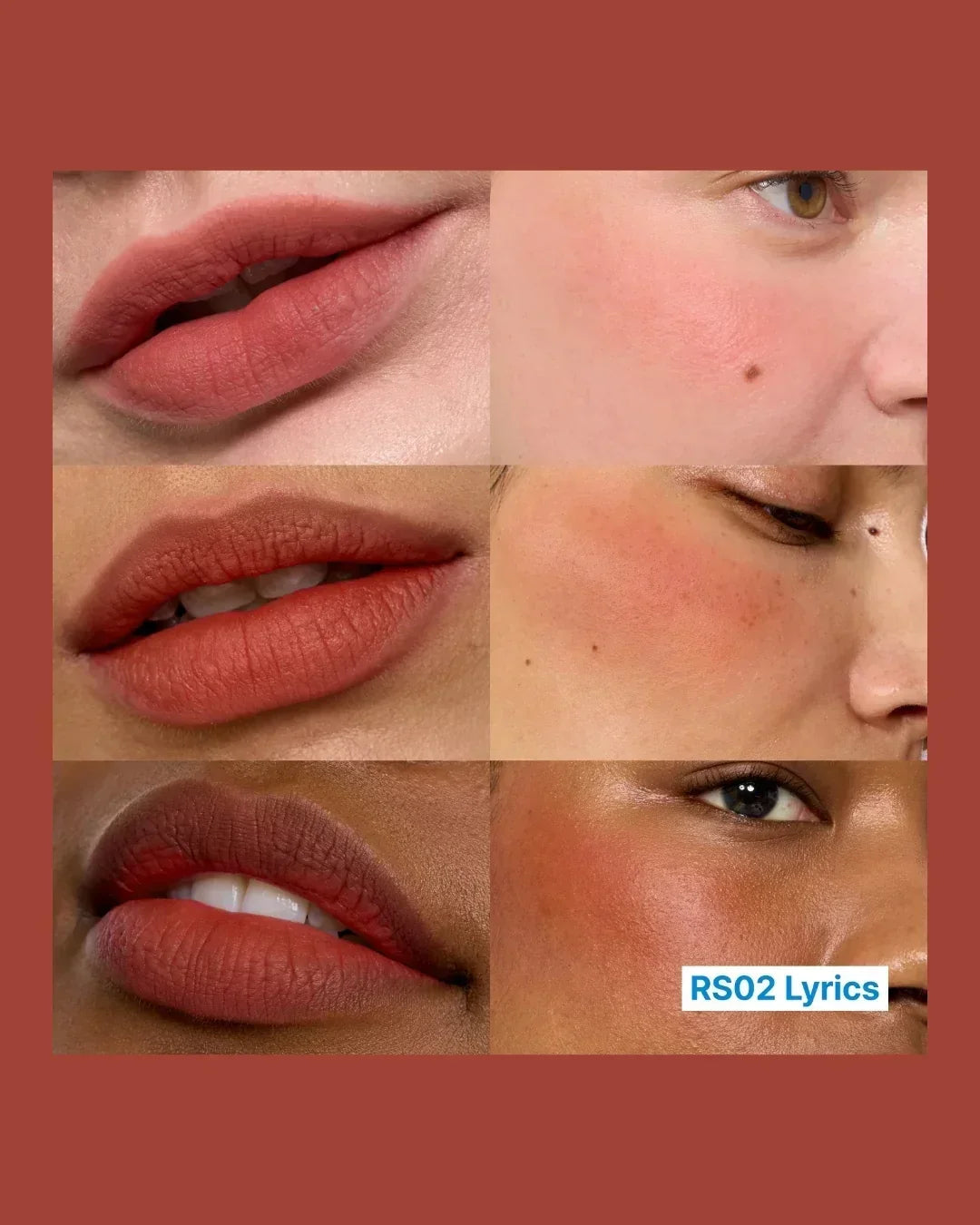 Close-up collage of lips and cheeks in warm RS02 Lyrics shade on diverse skin tones
